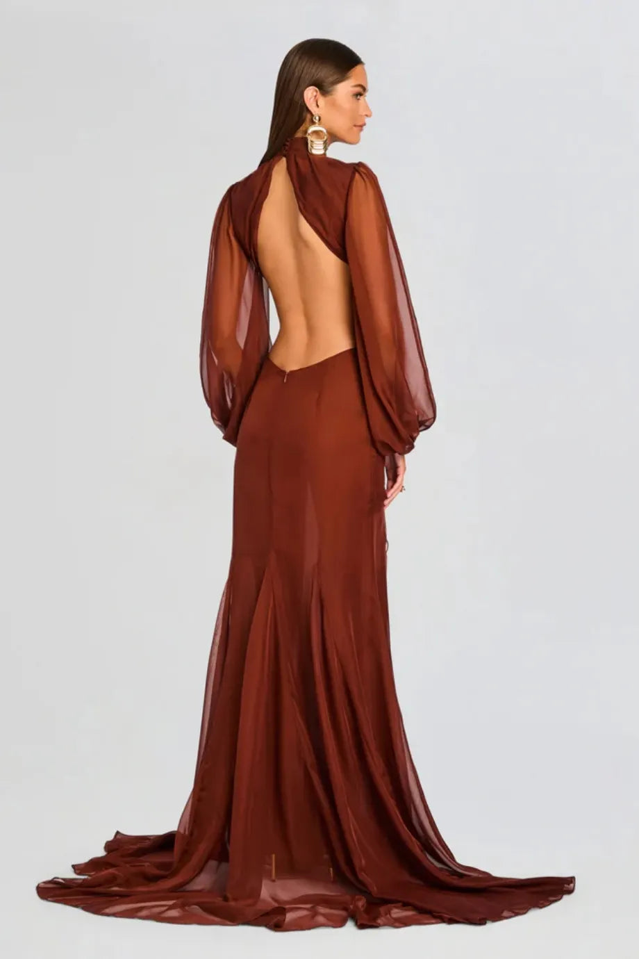 Rosalinda Chiffon Cut Out Maxi Dress in Brown