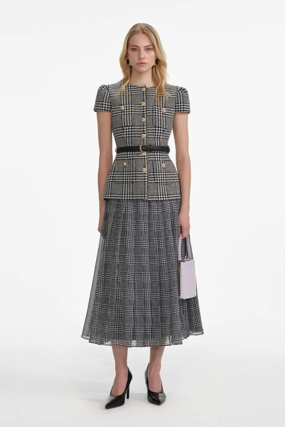 Houndstooth Tailored Belted Midi Dress in Grey