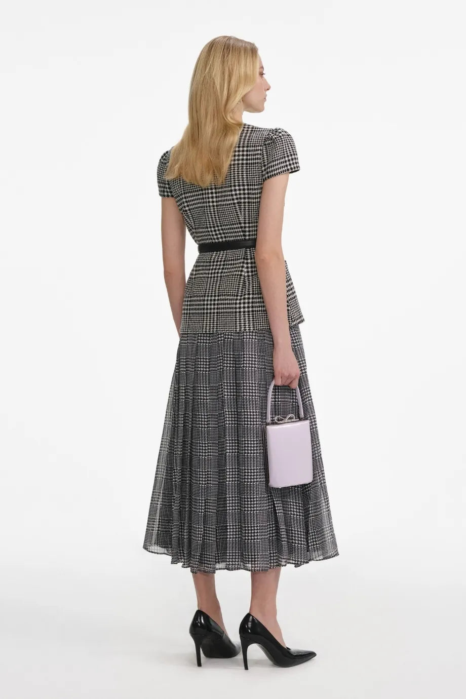 Houndstooth Tailored Belted Midi Dress in Grey