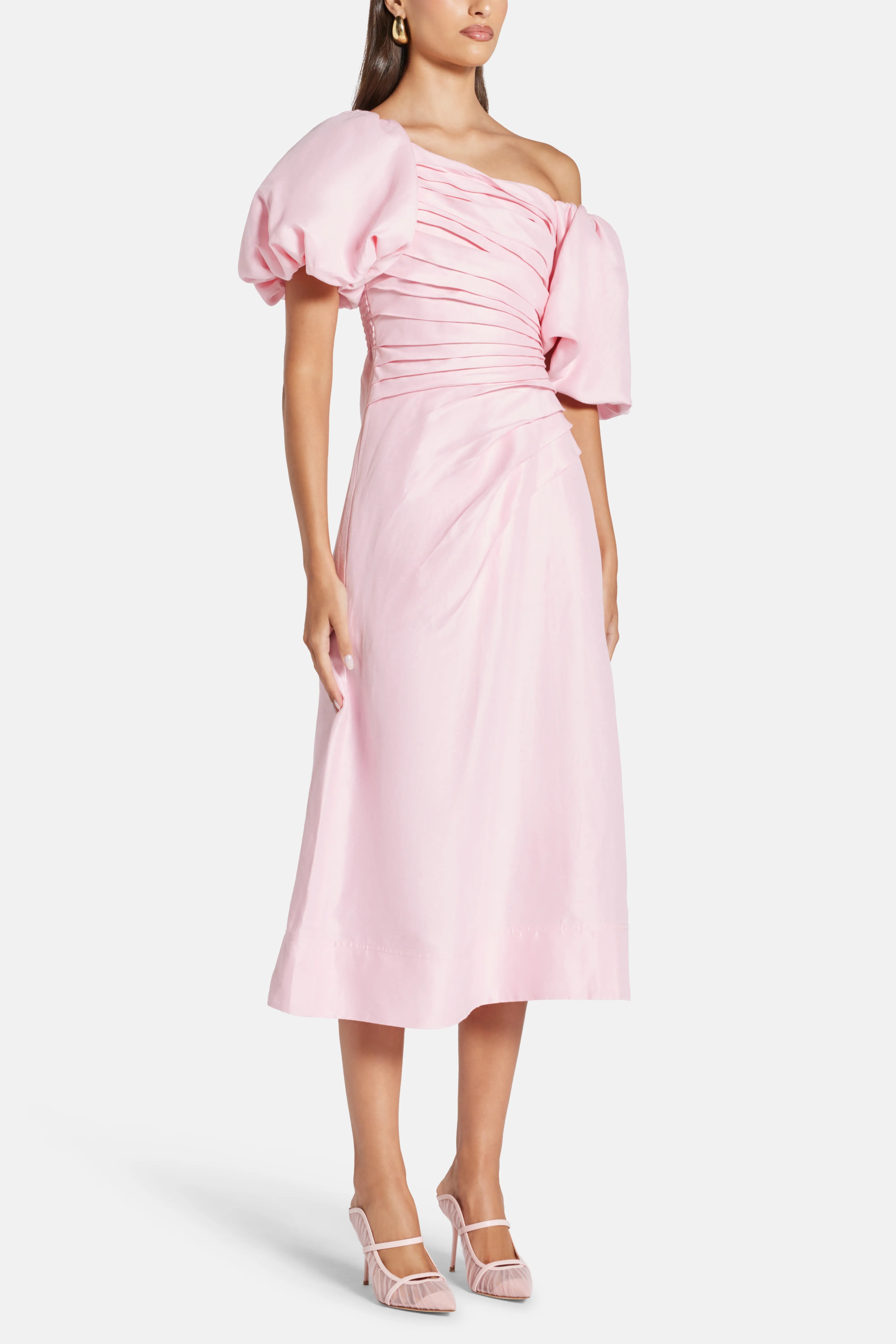 Cadence Ruched Midi Dress with Asymmetrical Neckline in Pink