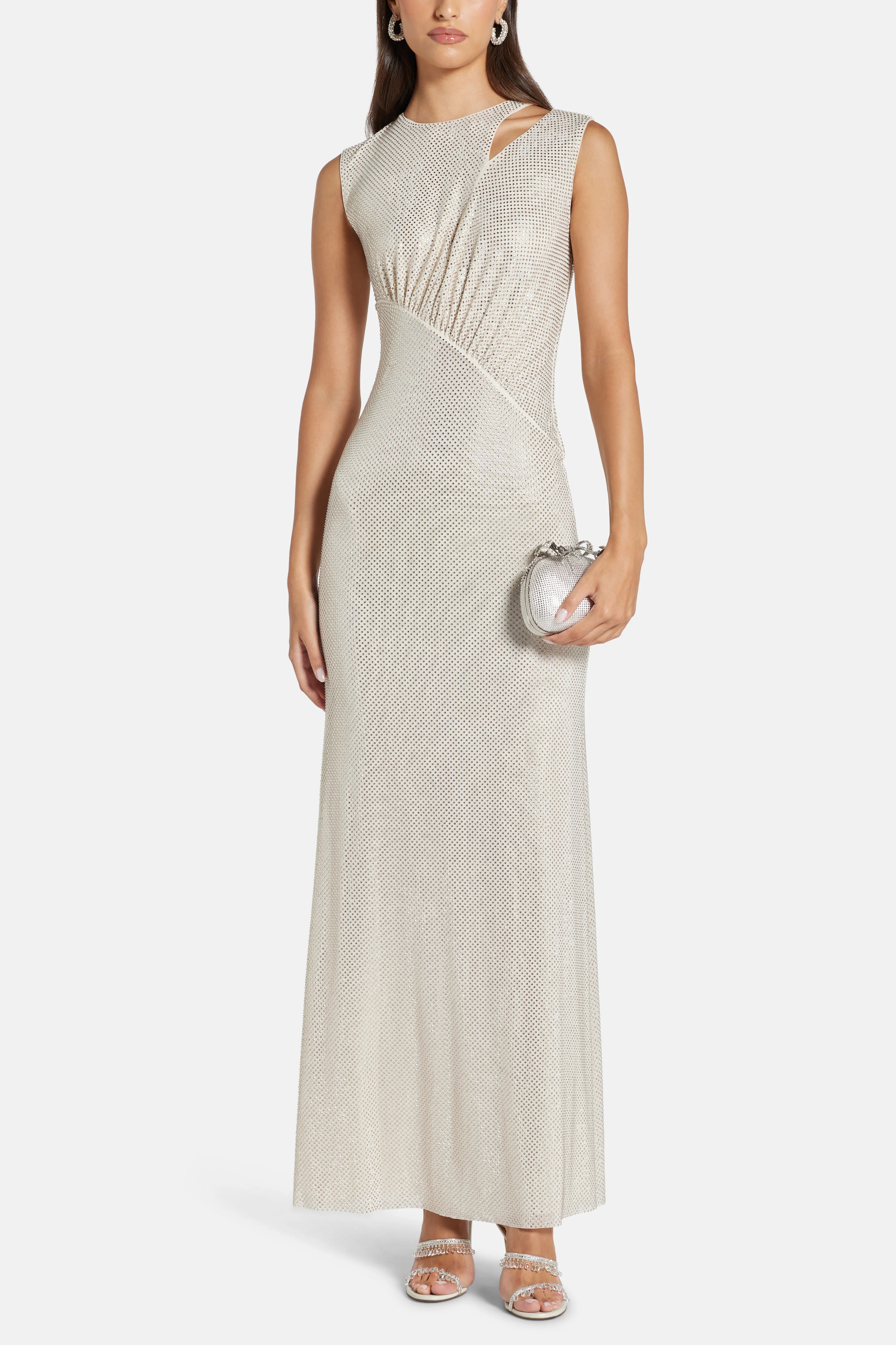 Rhinestone Cut Out Sleeveless Evening Dress in White