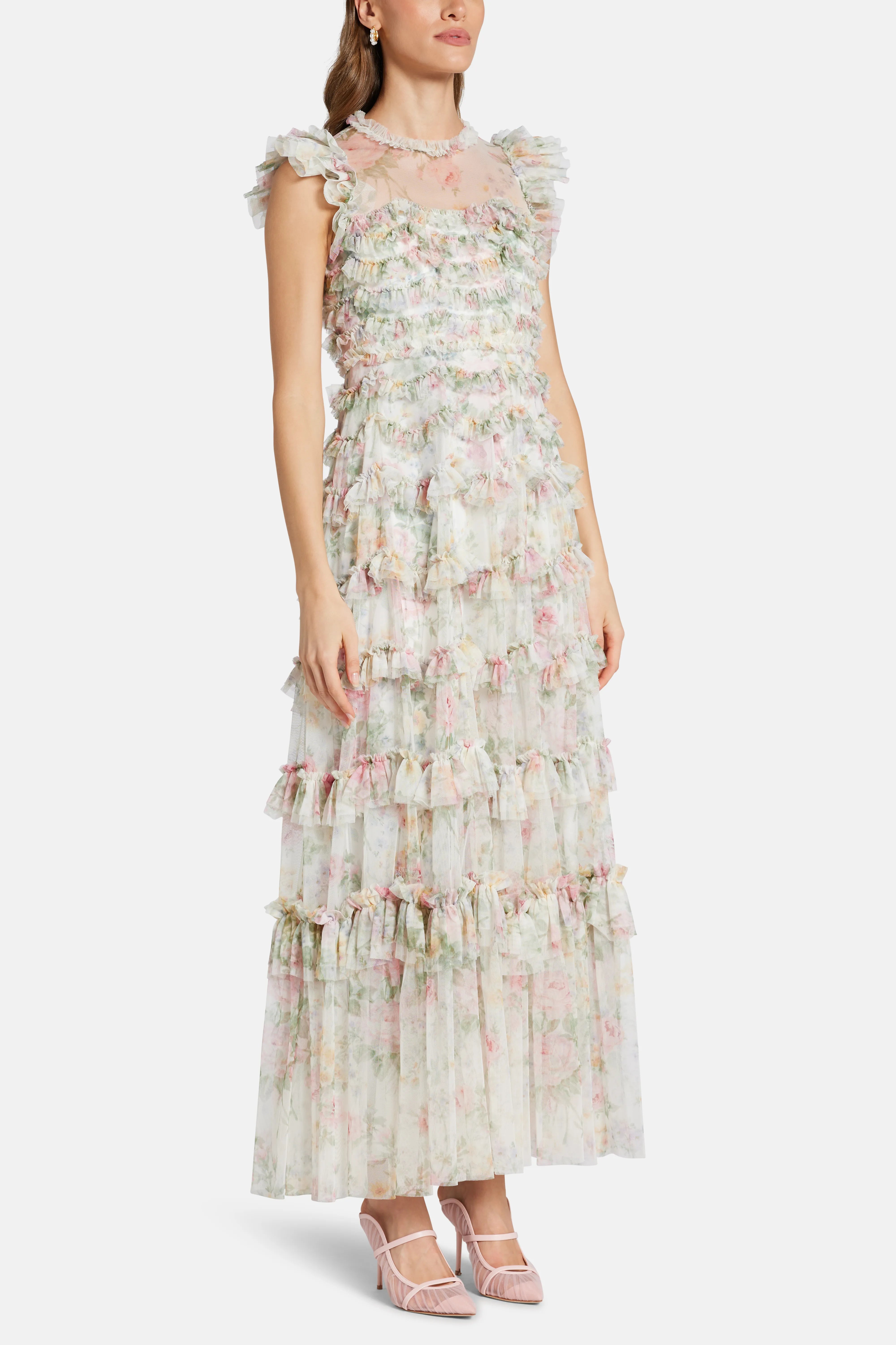 Pompadour Garden Round Neck Maxi Dress in White