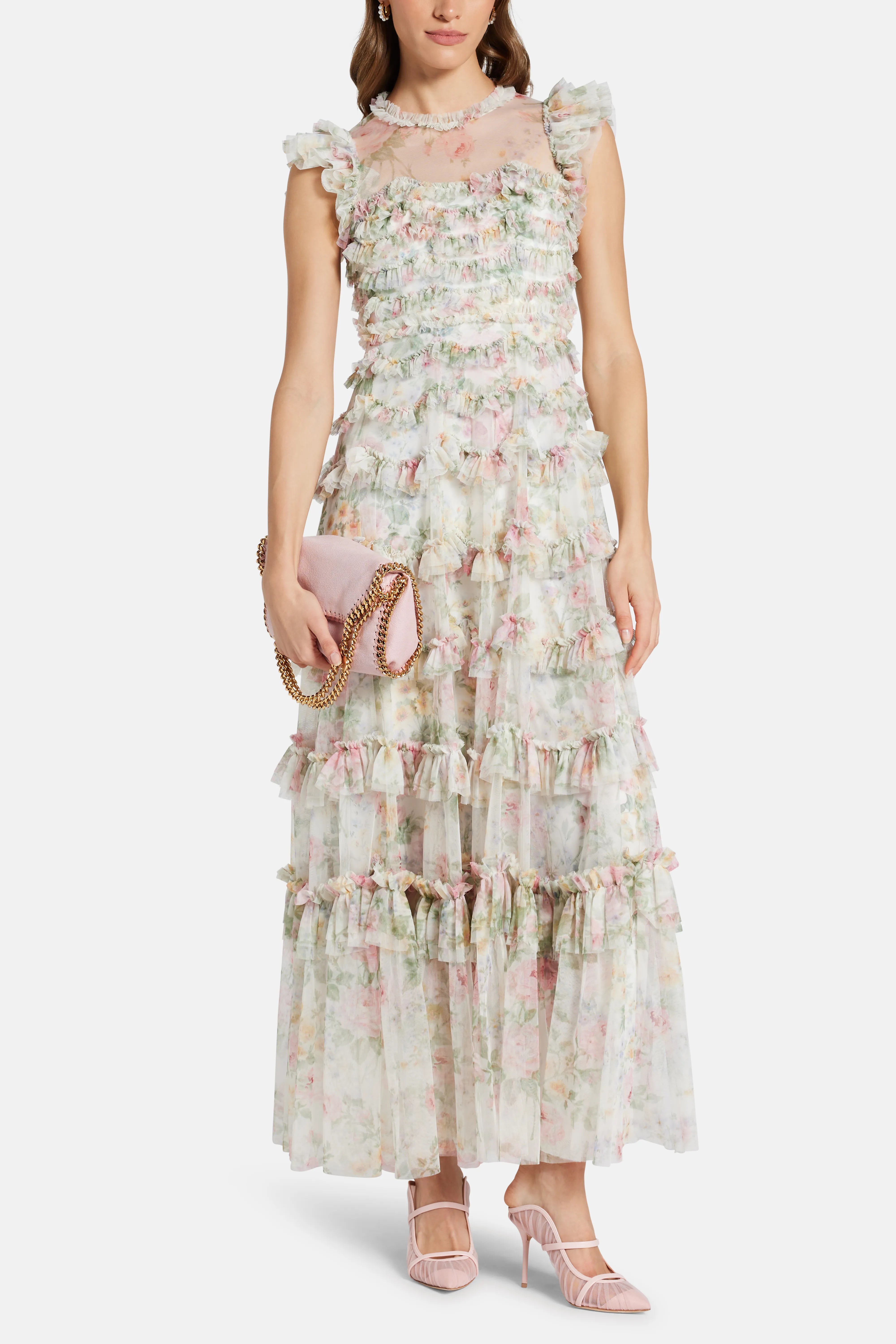 Pompadour Garden Round Neck Maxi Dress in White