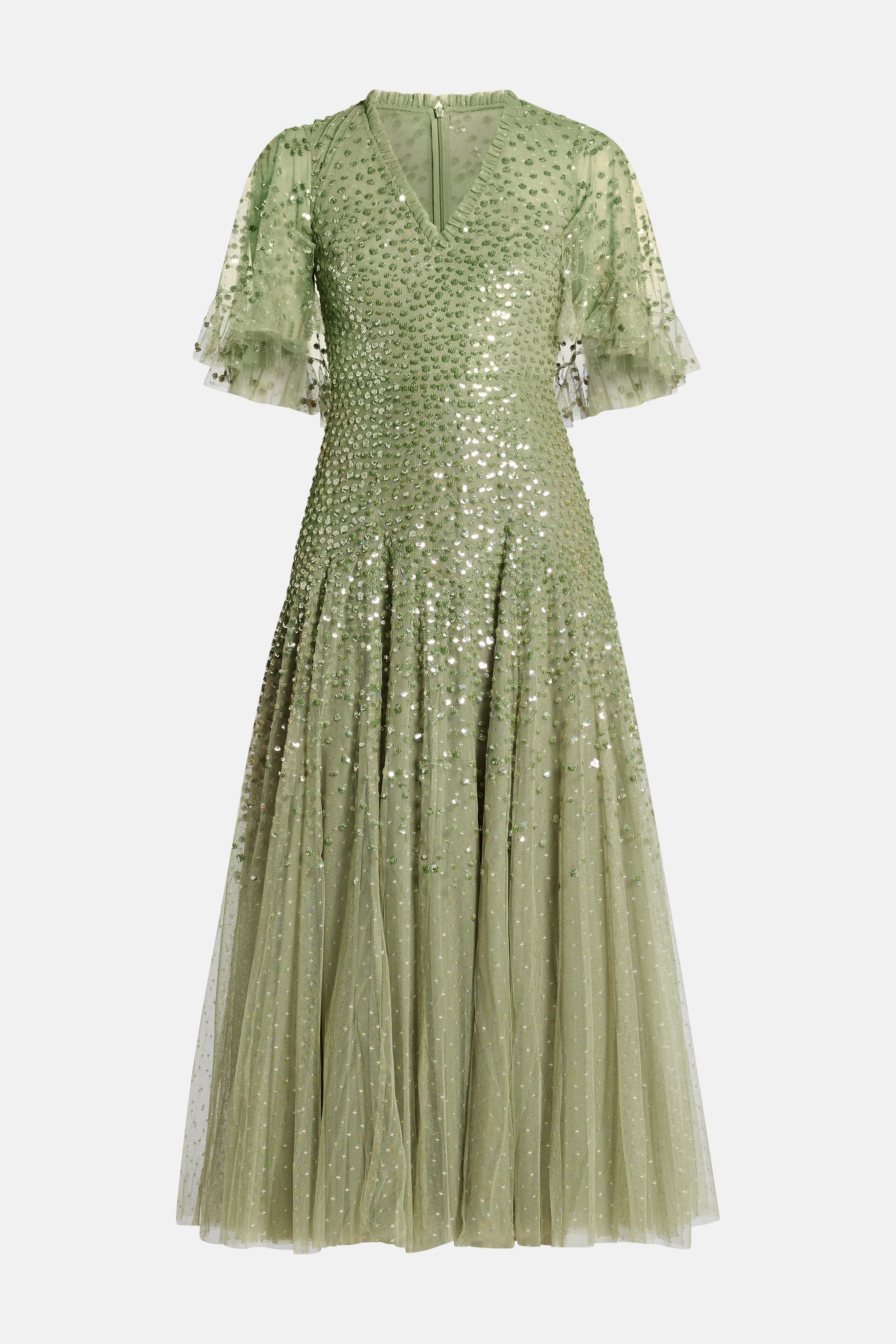 Dappled V Neck Sequin Cape Evening Dress in Green