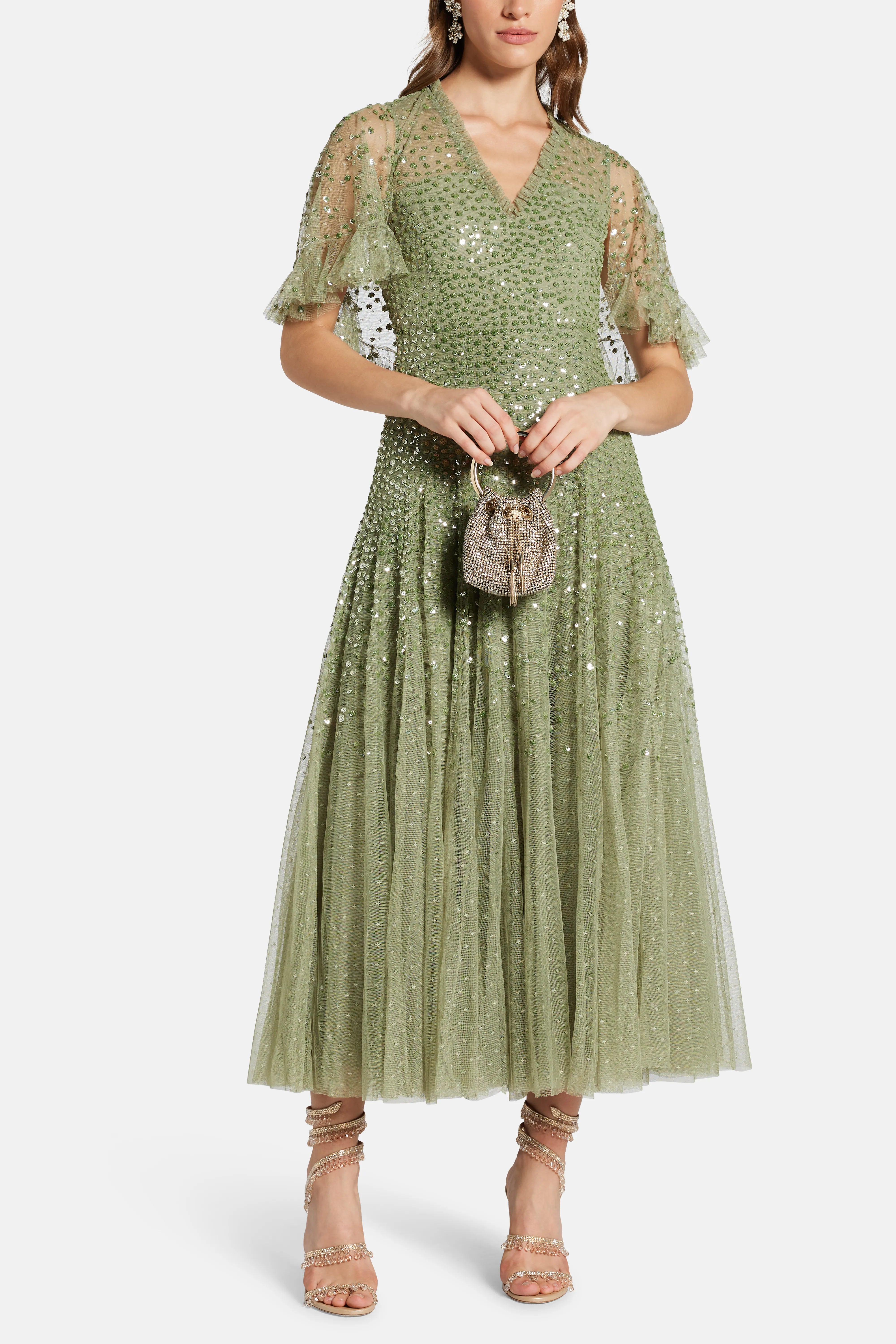 Dappled V Neck Sequin Cape Evening Dress in Green