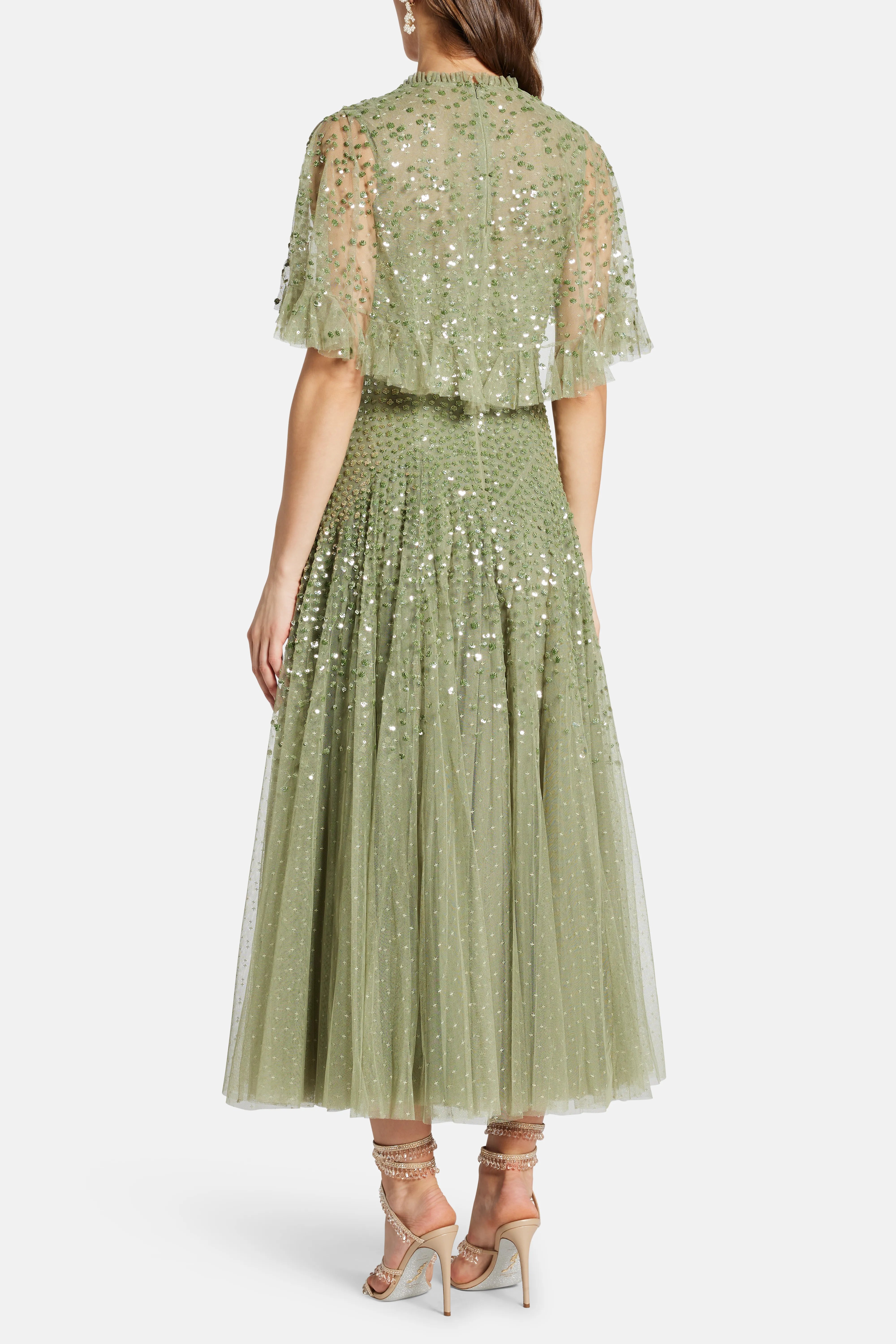 Dappled V Neck Sequin Cape Evening Dress in Green