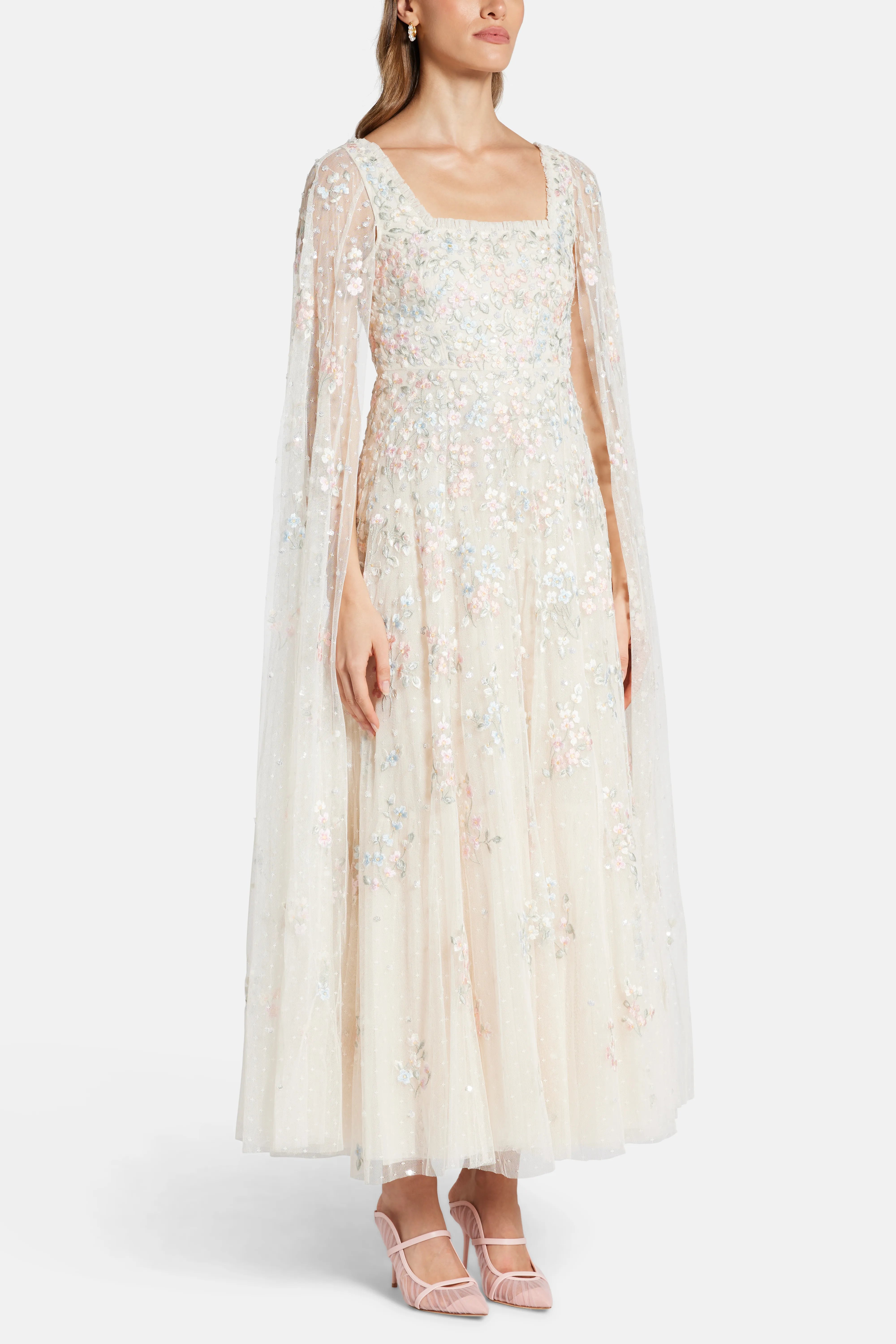 Versailles Ditsy Cape Sleeve Evening Dress in Cream