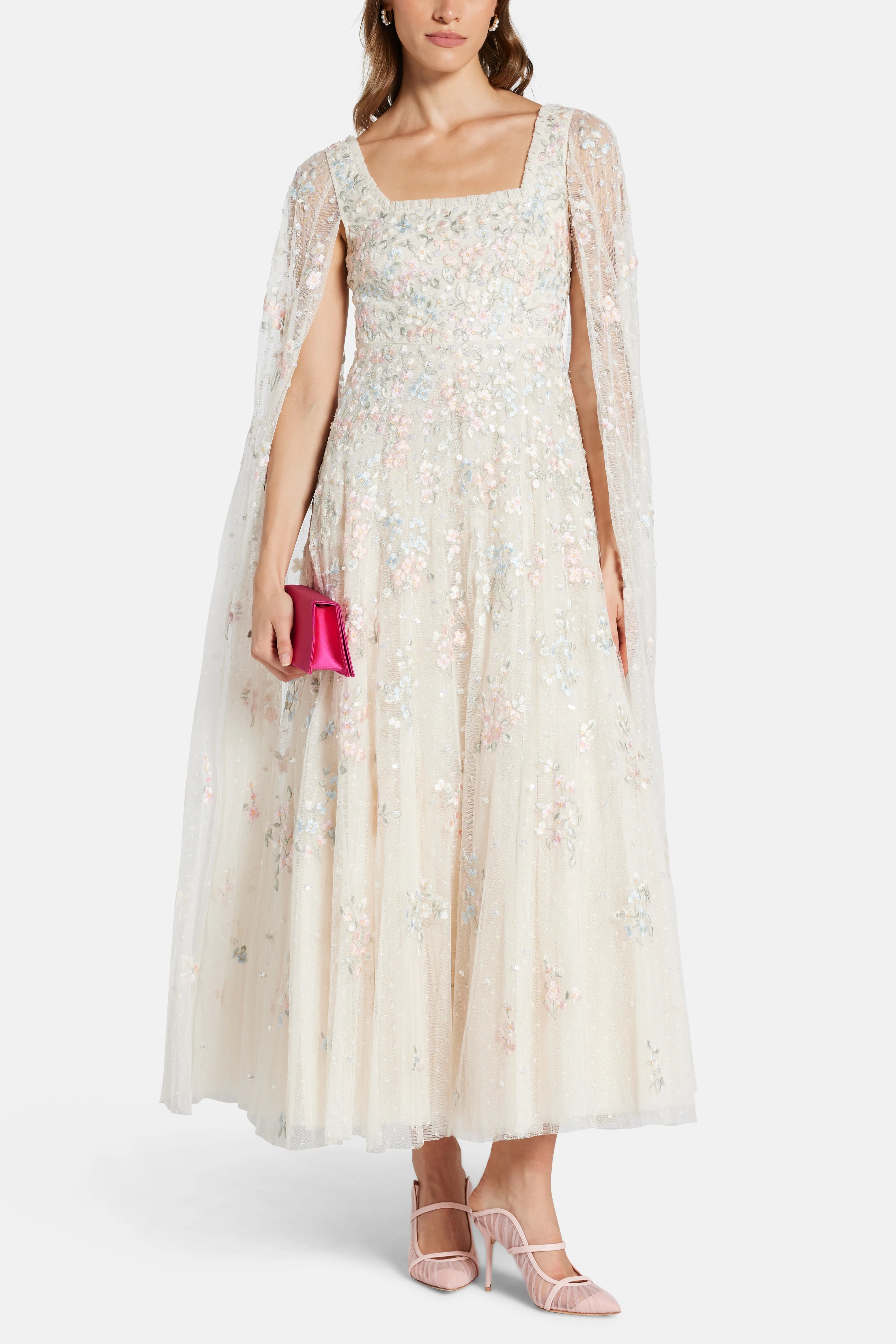 Versailles Ditsy Cape Sleeve Evening Dress in Cream