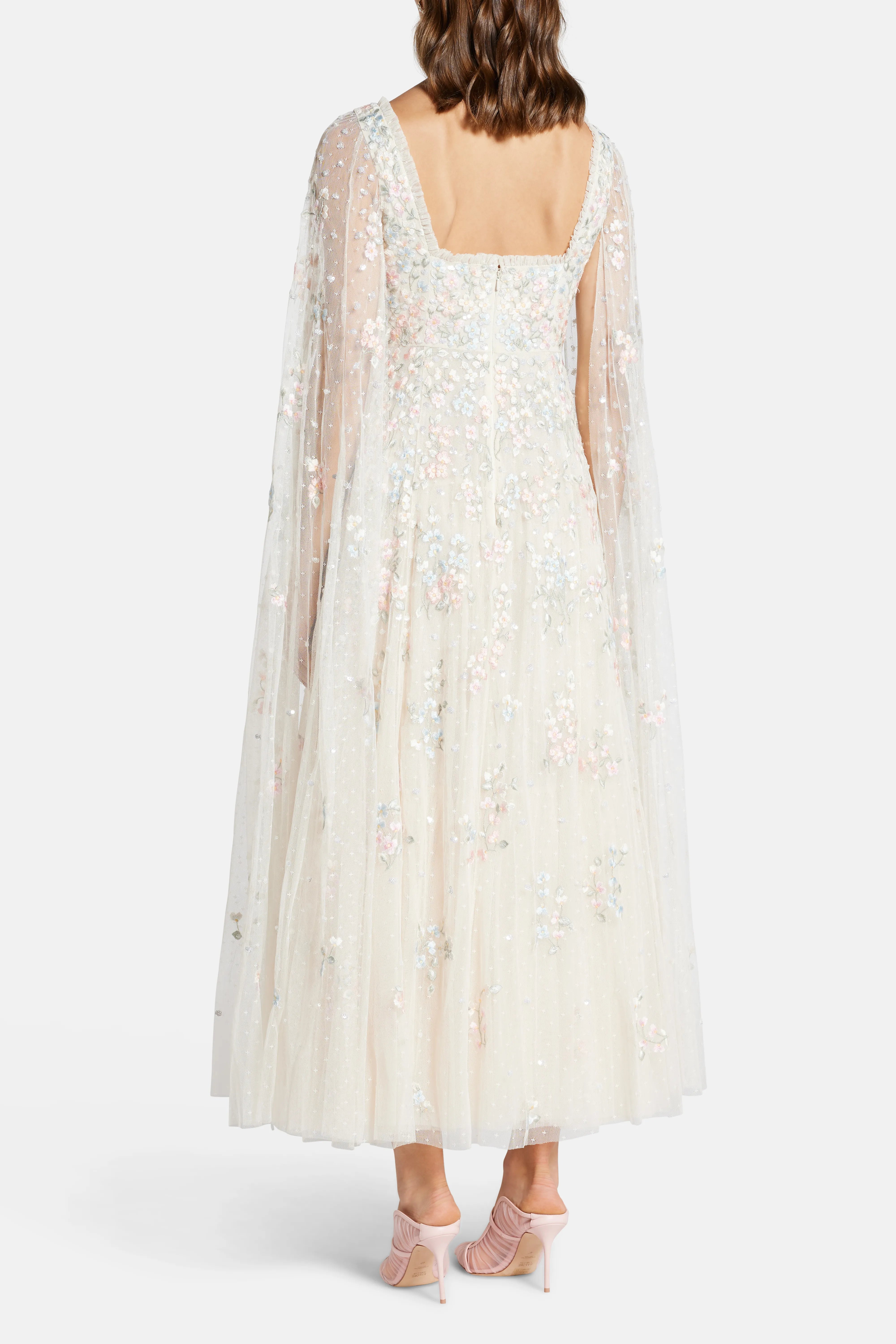 Versailles Ditsy Cape Sleeve Evening Dress in Cream