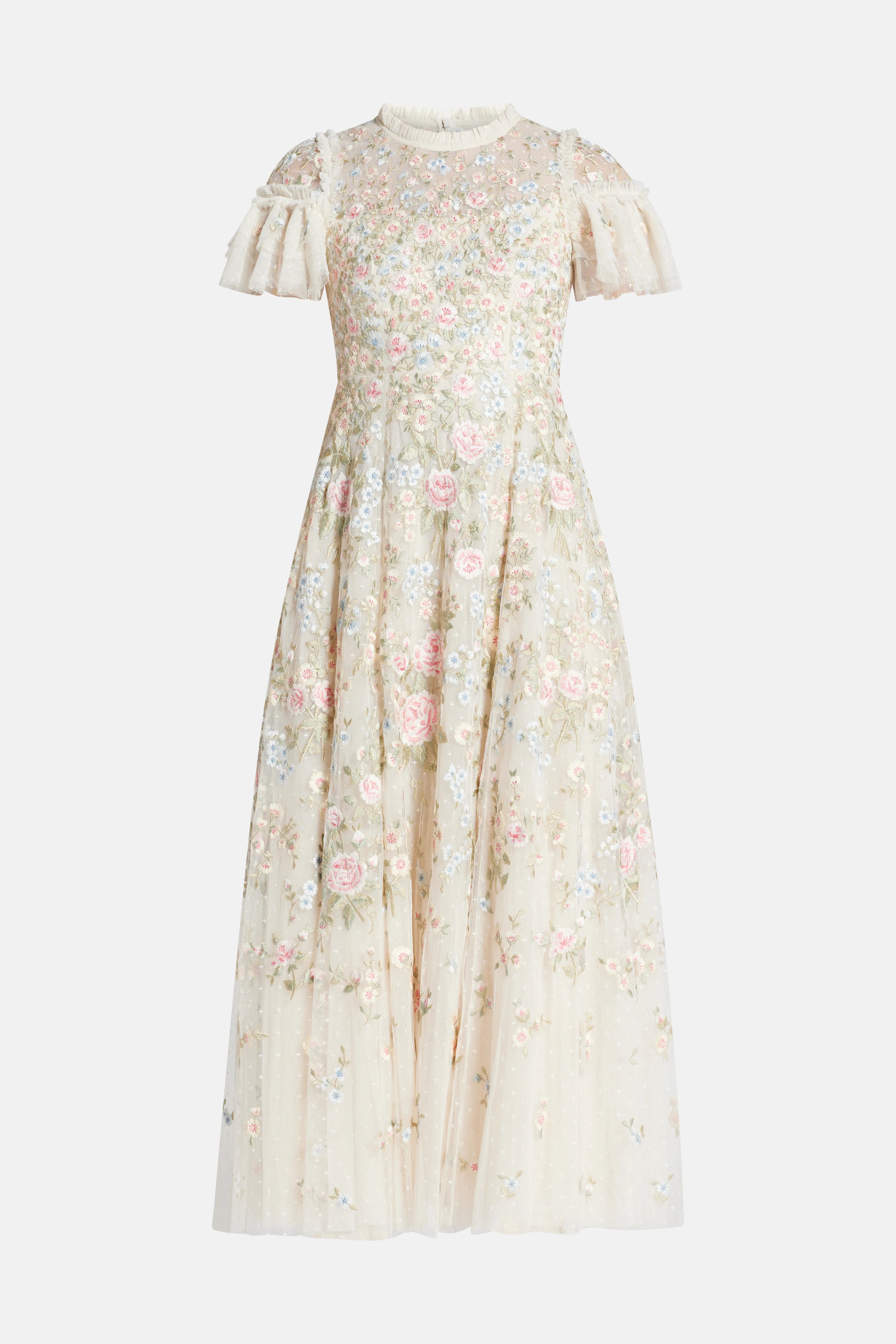 Antoinettes Floral Round Neck Evening Dress in Cream