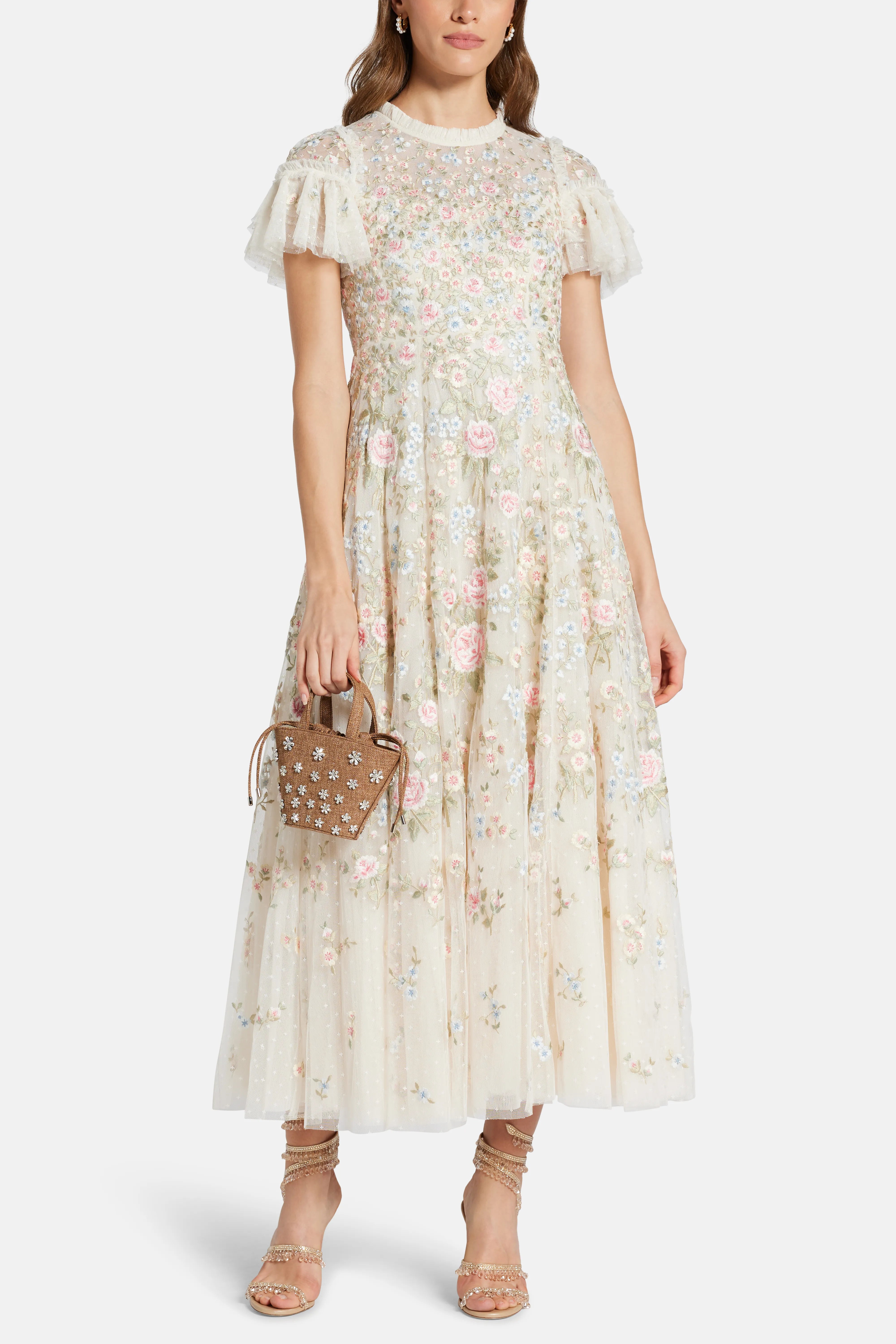 Antoinettes Floral Round Neck Evening Dress in Cream