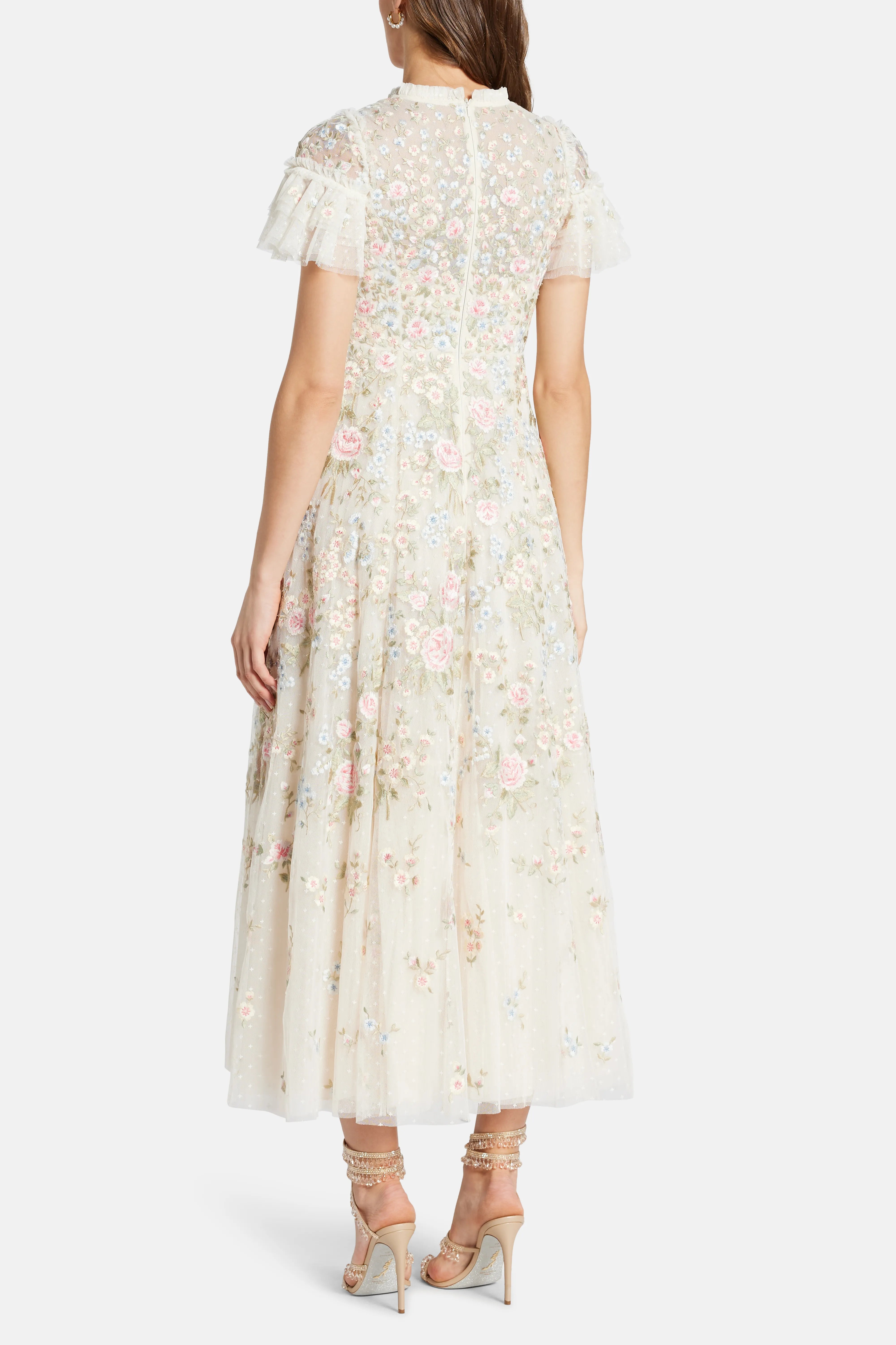 Antoinettes Floral Round Neck Evening Dress in Cream