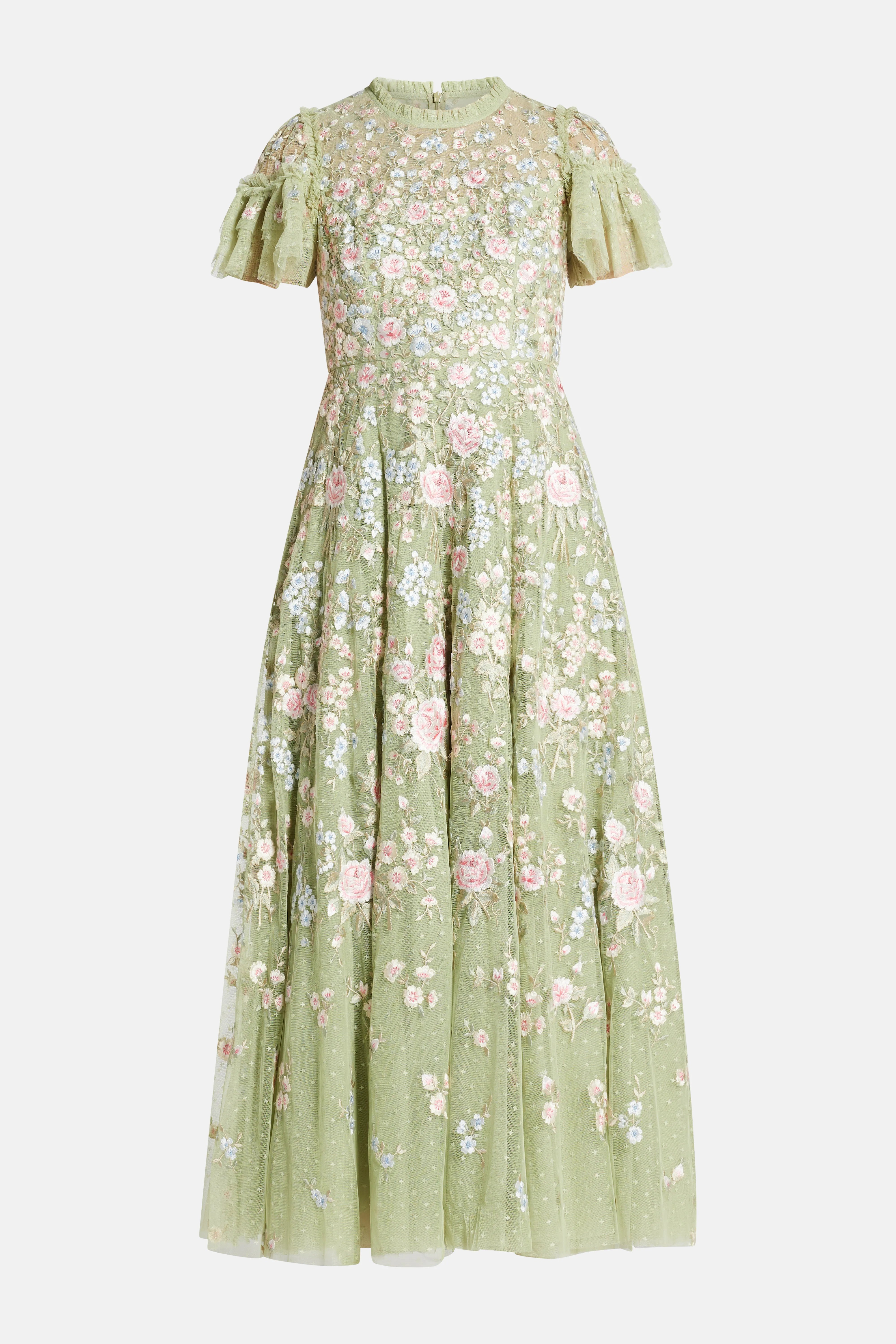 Antoinettes Floral Round Neck Evening Dress in Green