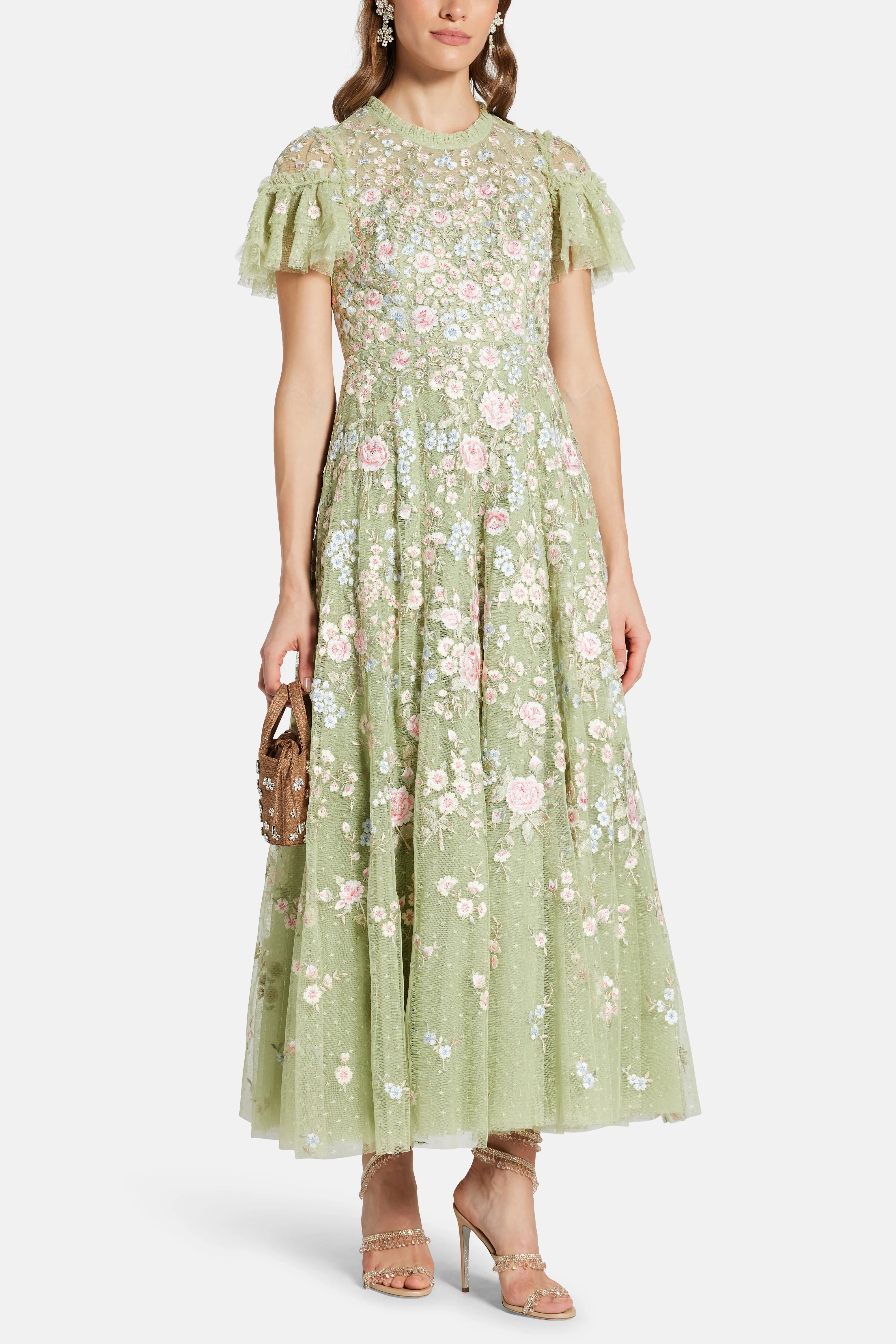 Antoinettes Floral Round Neck Evening Dress in Green