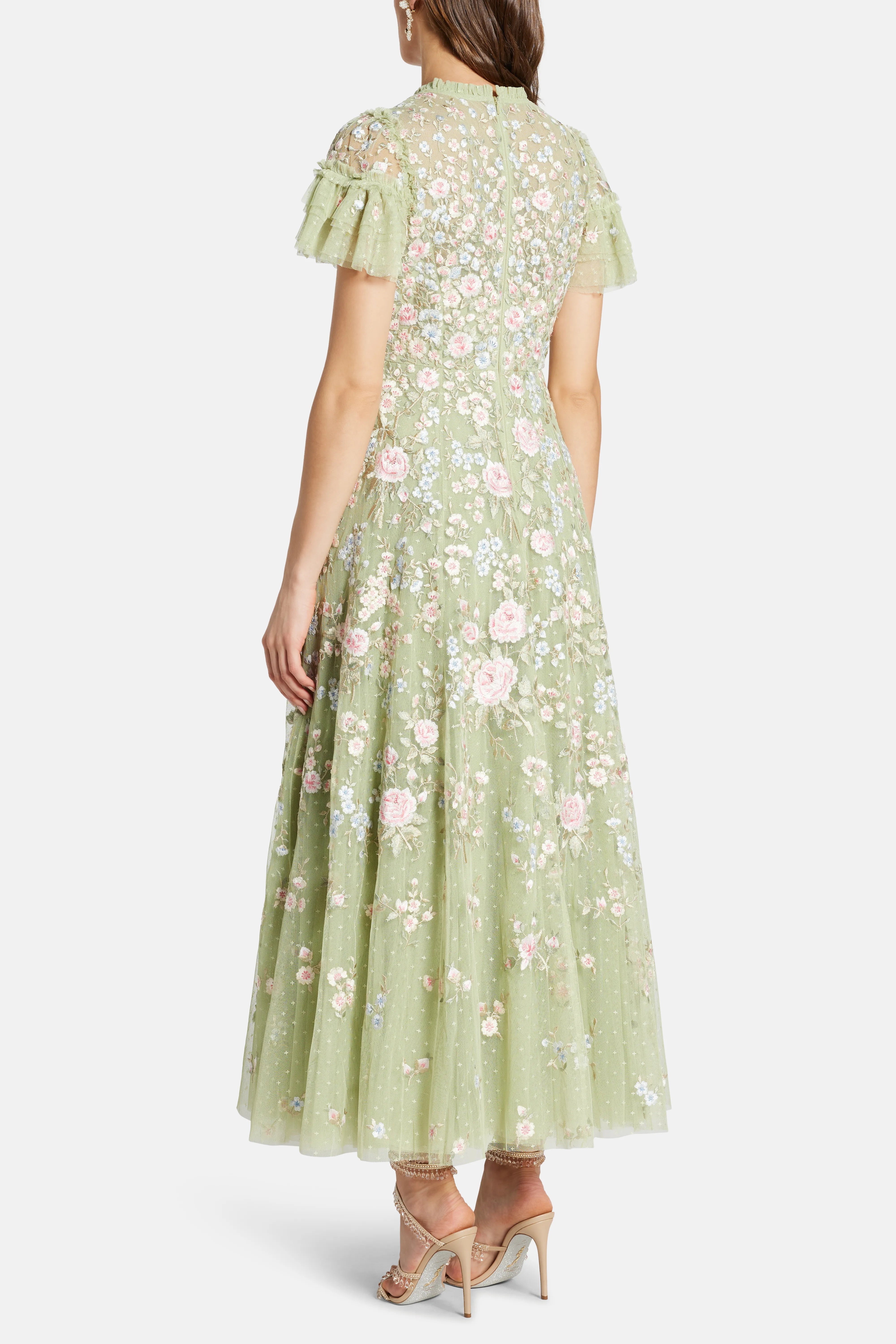 Antoinettes Floral Round Neck Evening Dress in Green