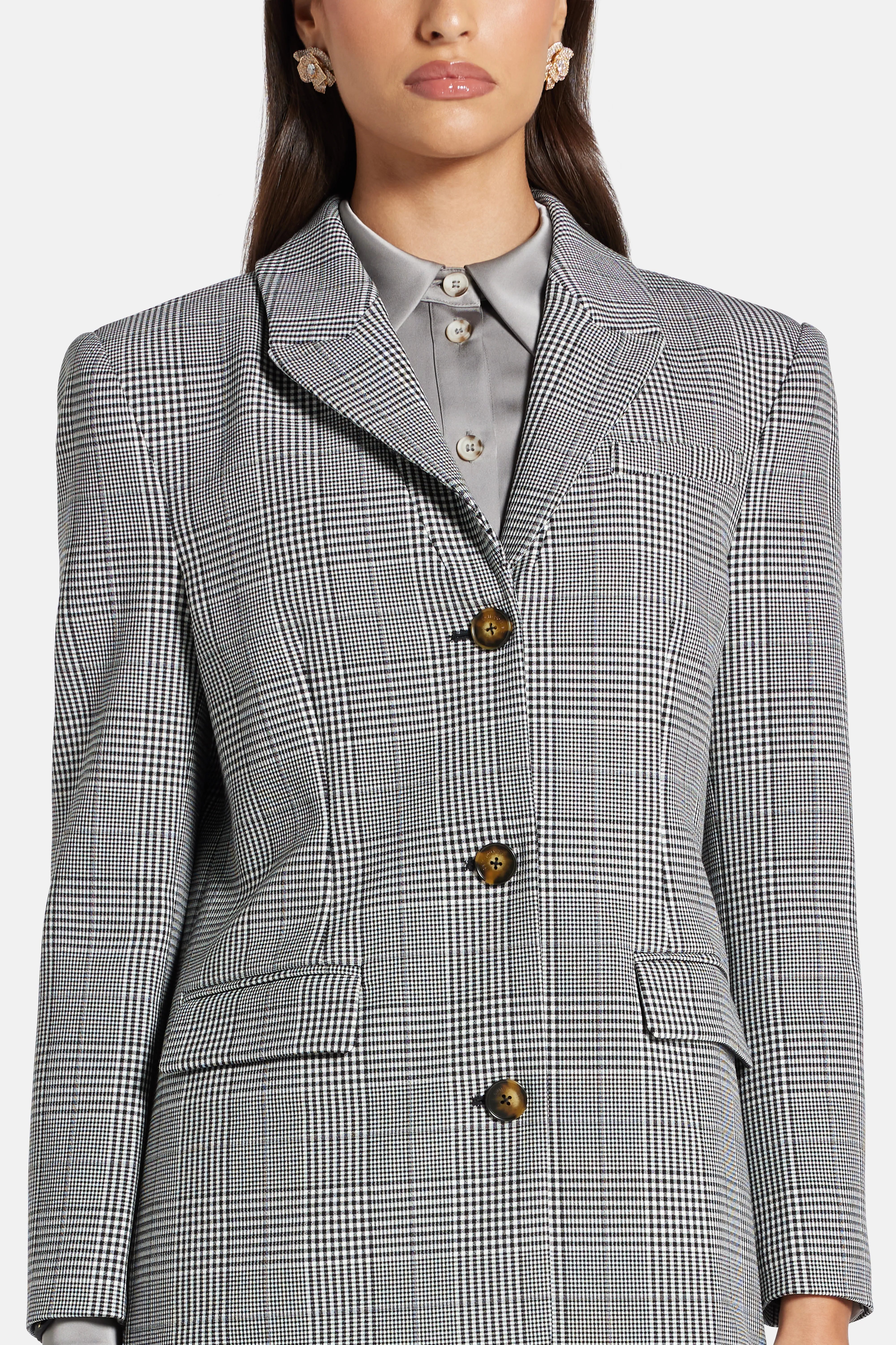 Prince Of Wales Check Single Breasted Blazer in Grey