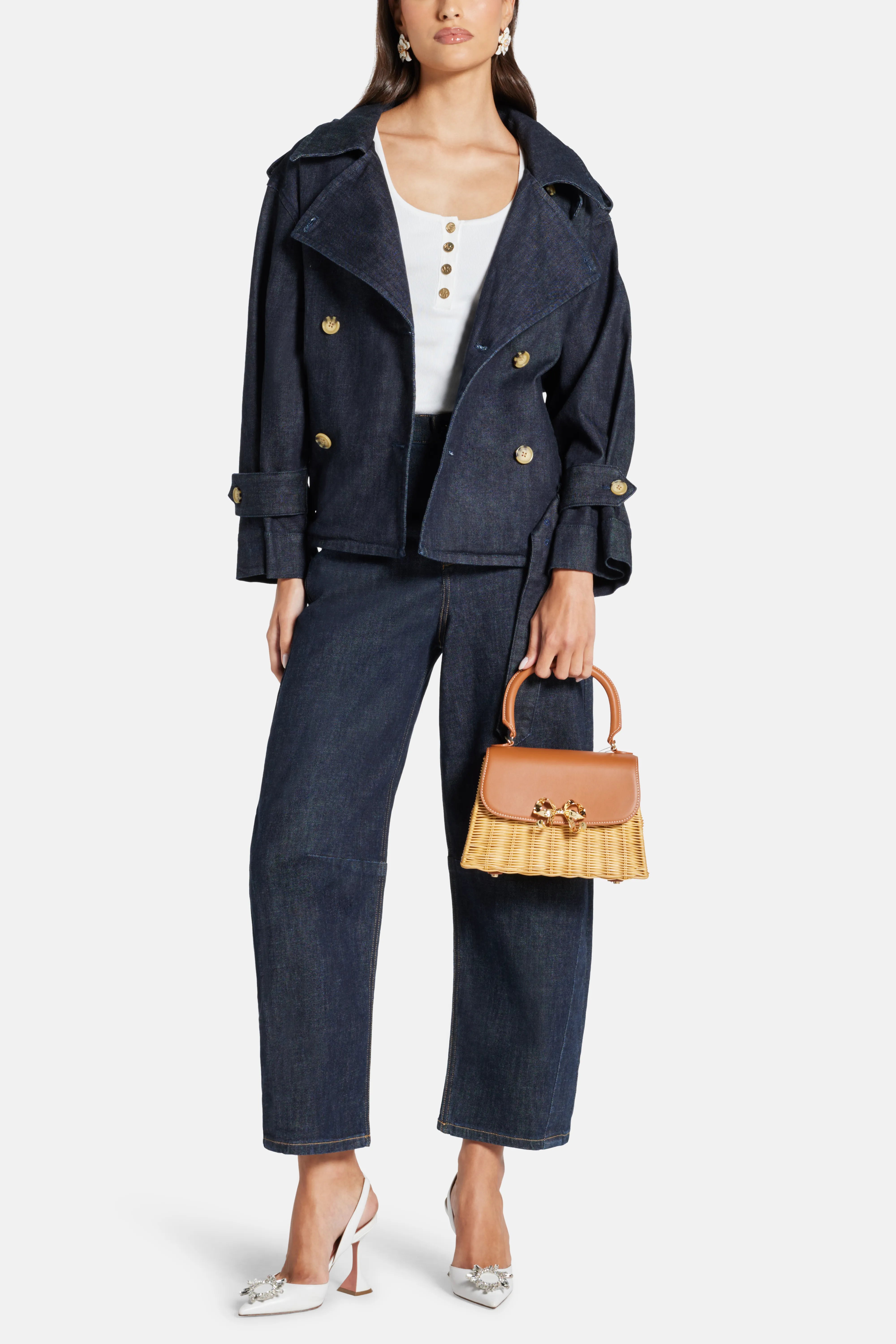 Double Breasted Cotton Denim Trench Jacket in Blue