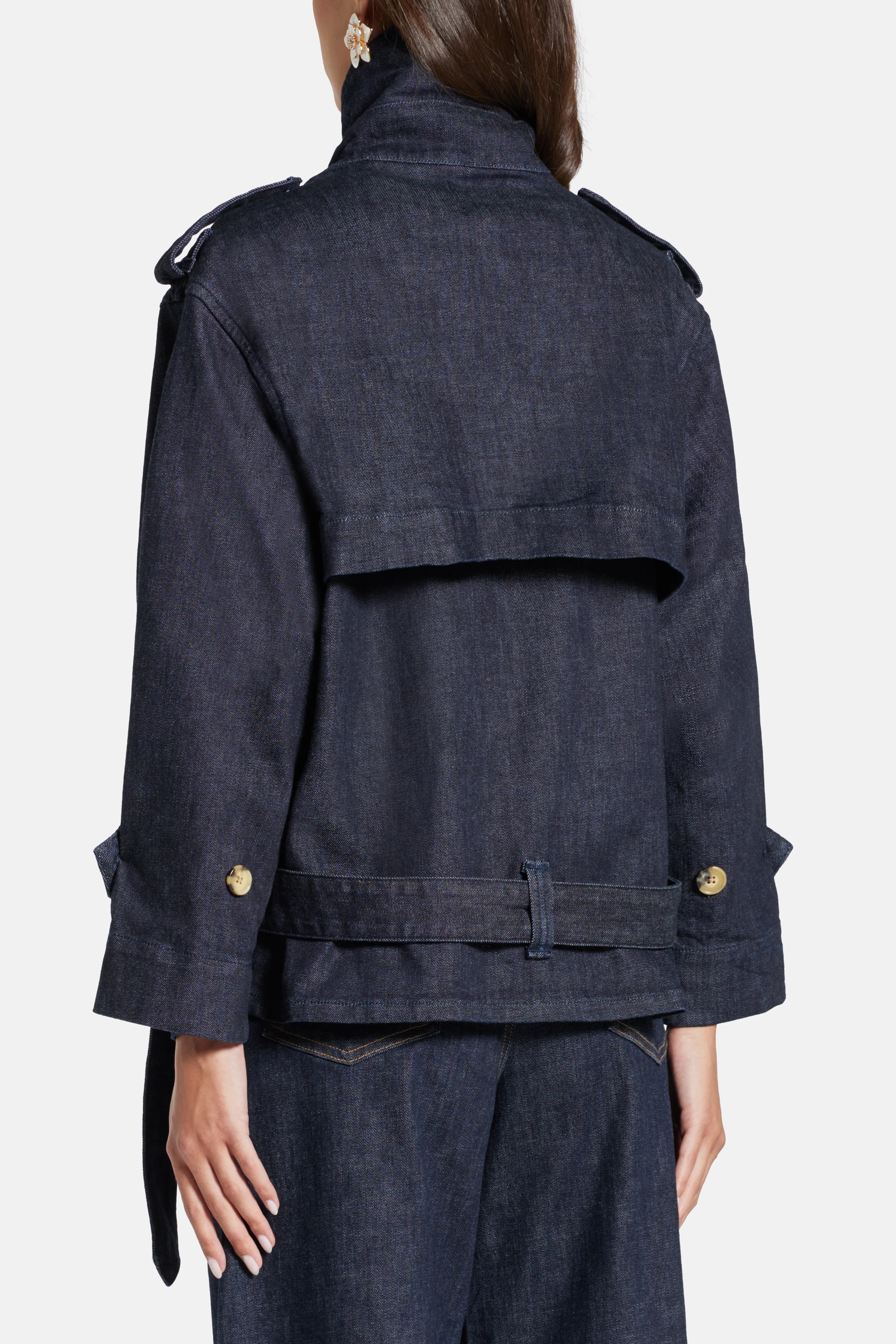 Double Breasted Cotton Denim Trench Jacket in Blue