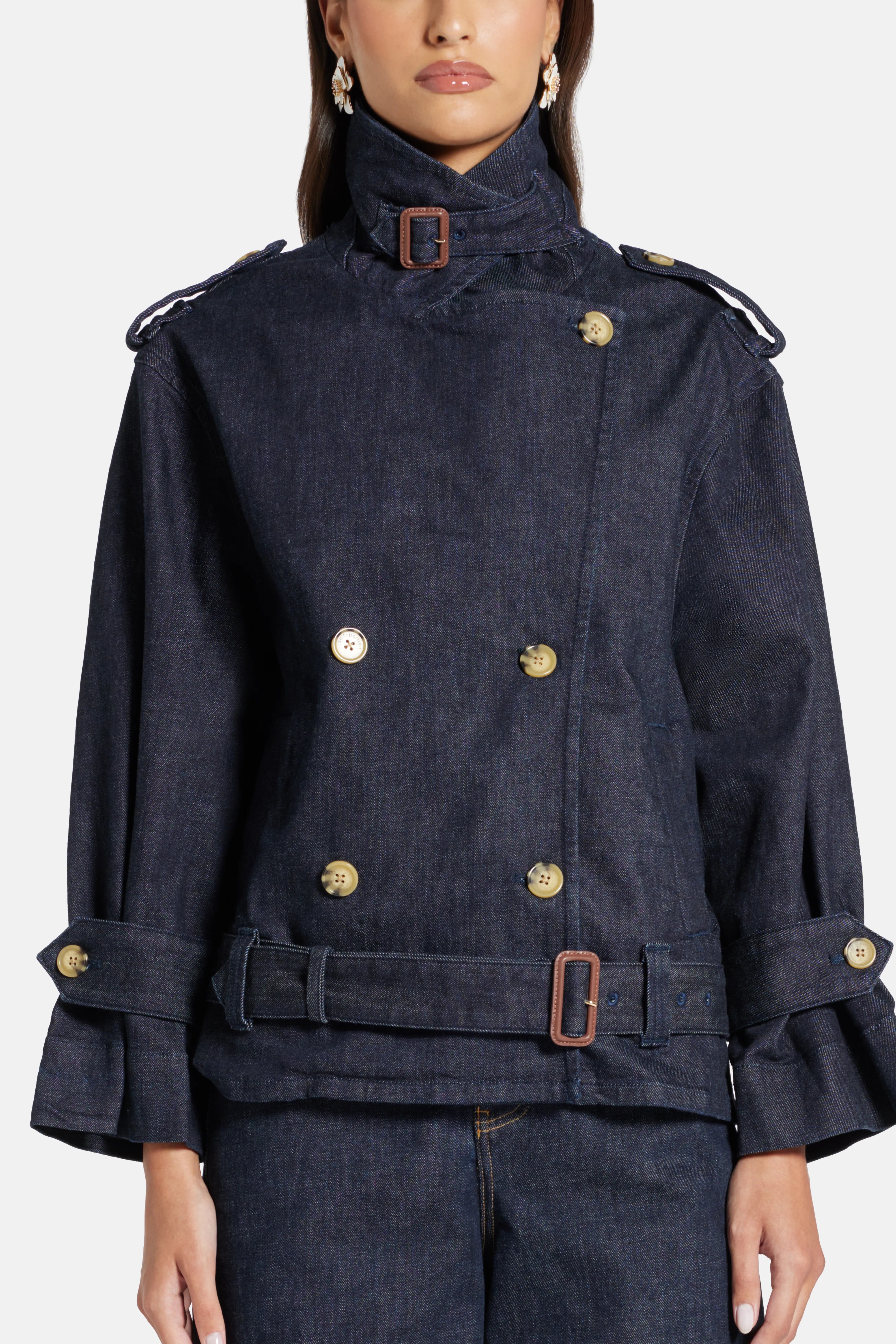 Double Breasted Cotton Denim Trench Jacket in Blue