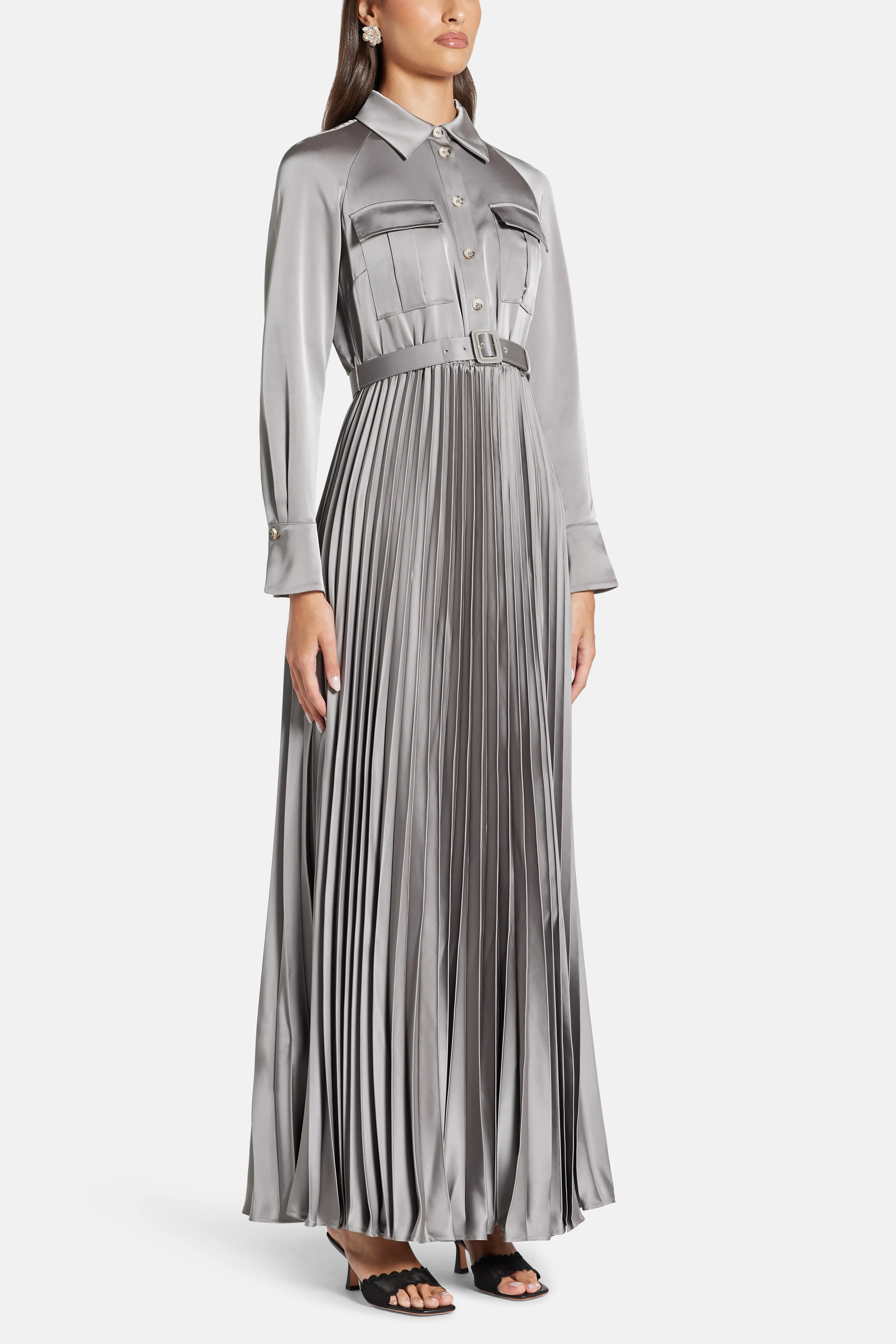 Satin Pleated Maxi Dress in Grey