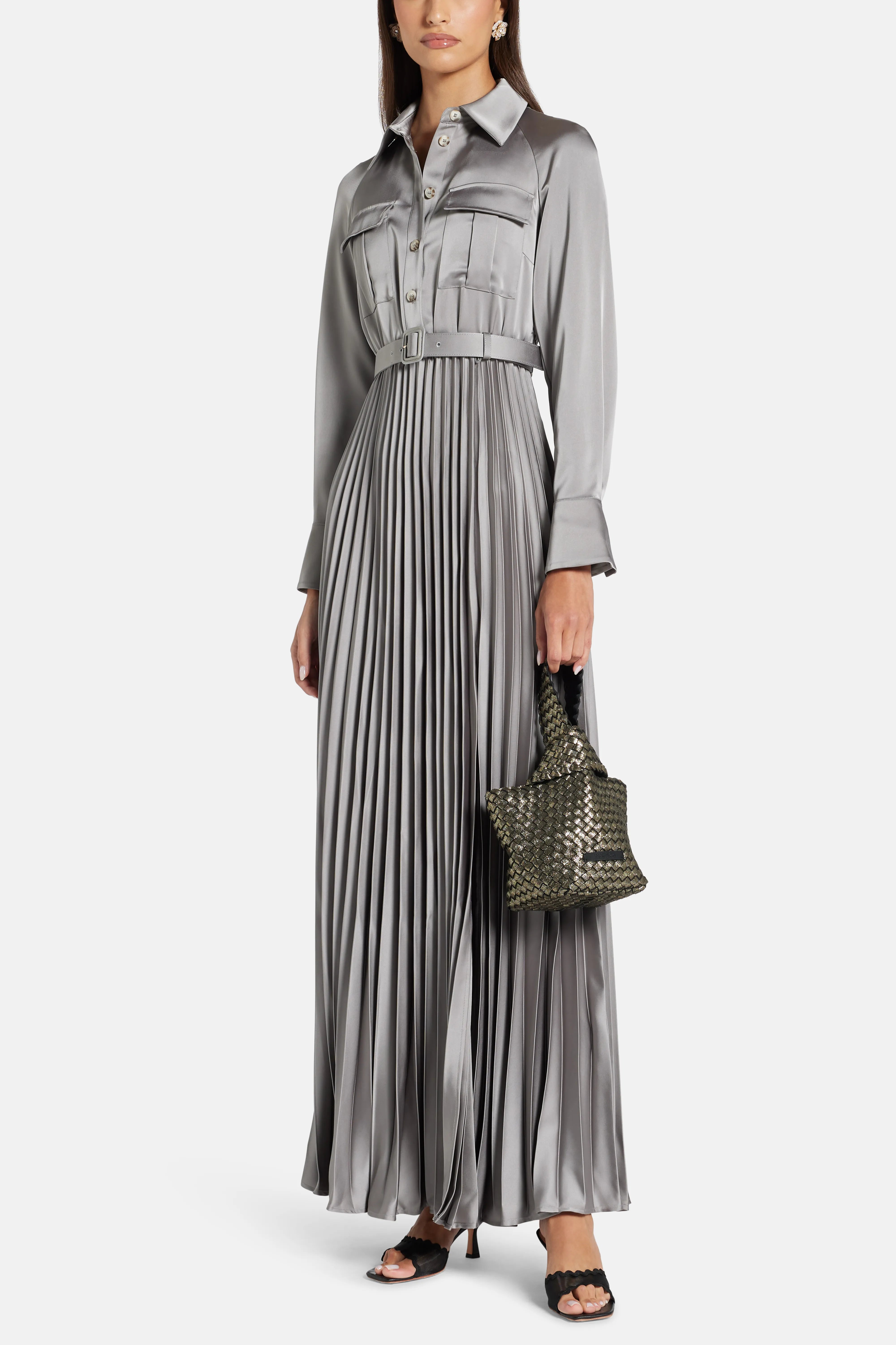Satin Pleated Maxi Dress in Grey