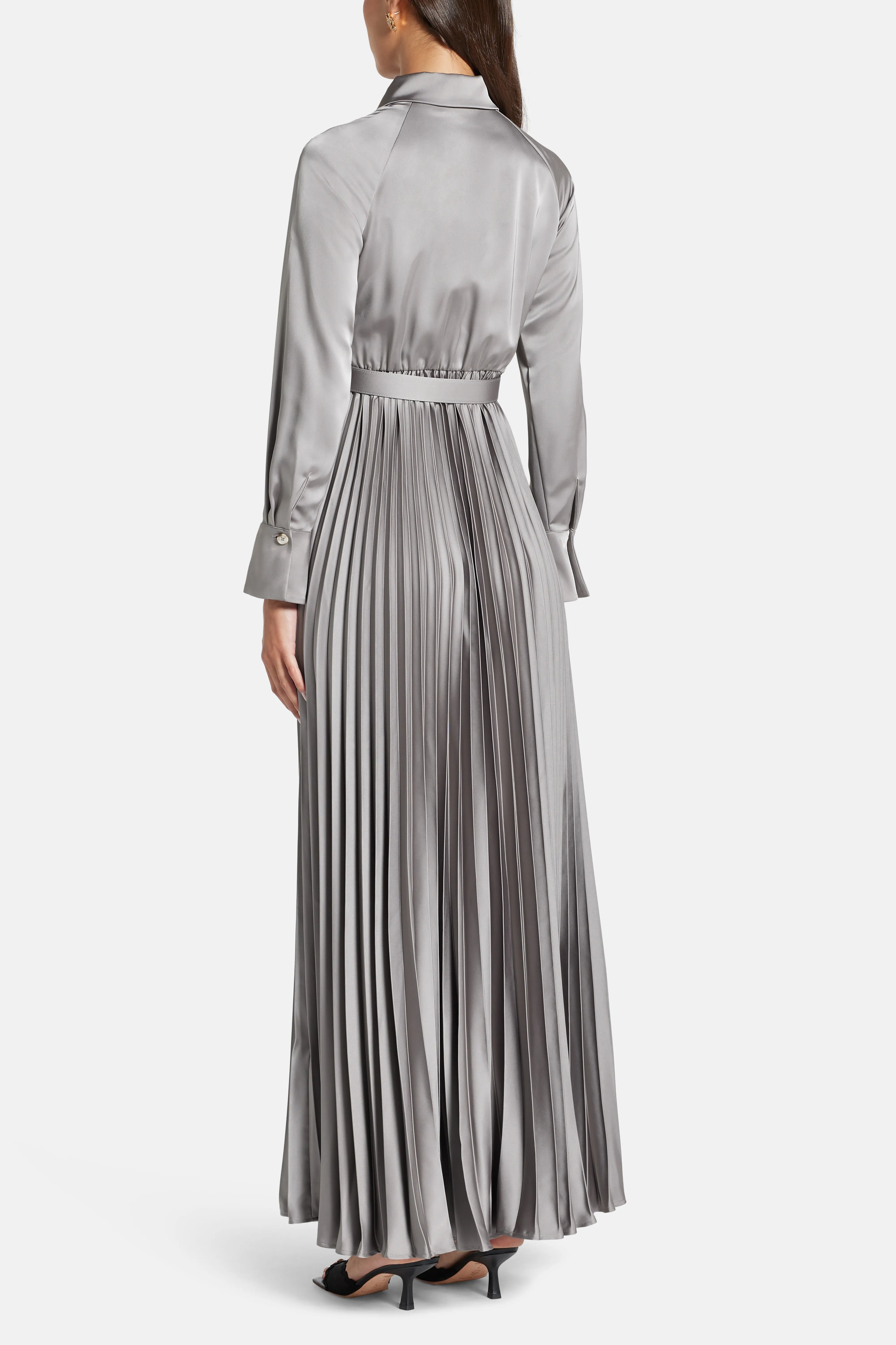 Satin Pleated Maxi Dress in Grey