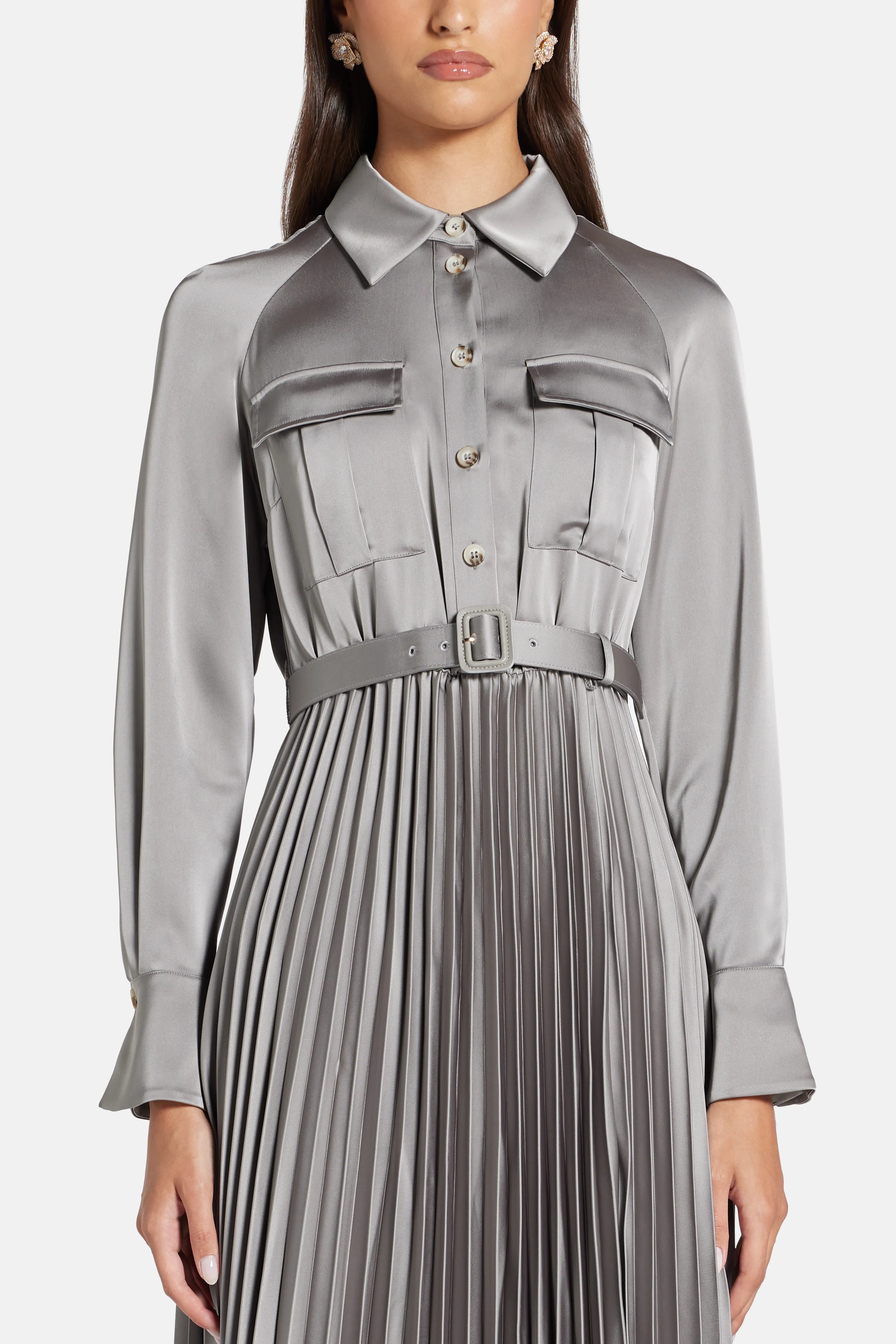 Satin Pleated Maxi Dress in Grey