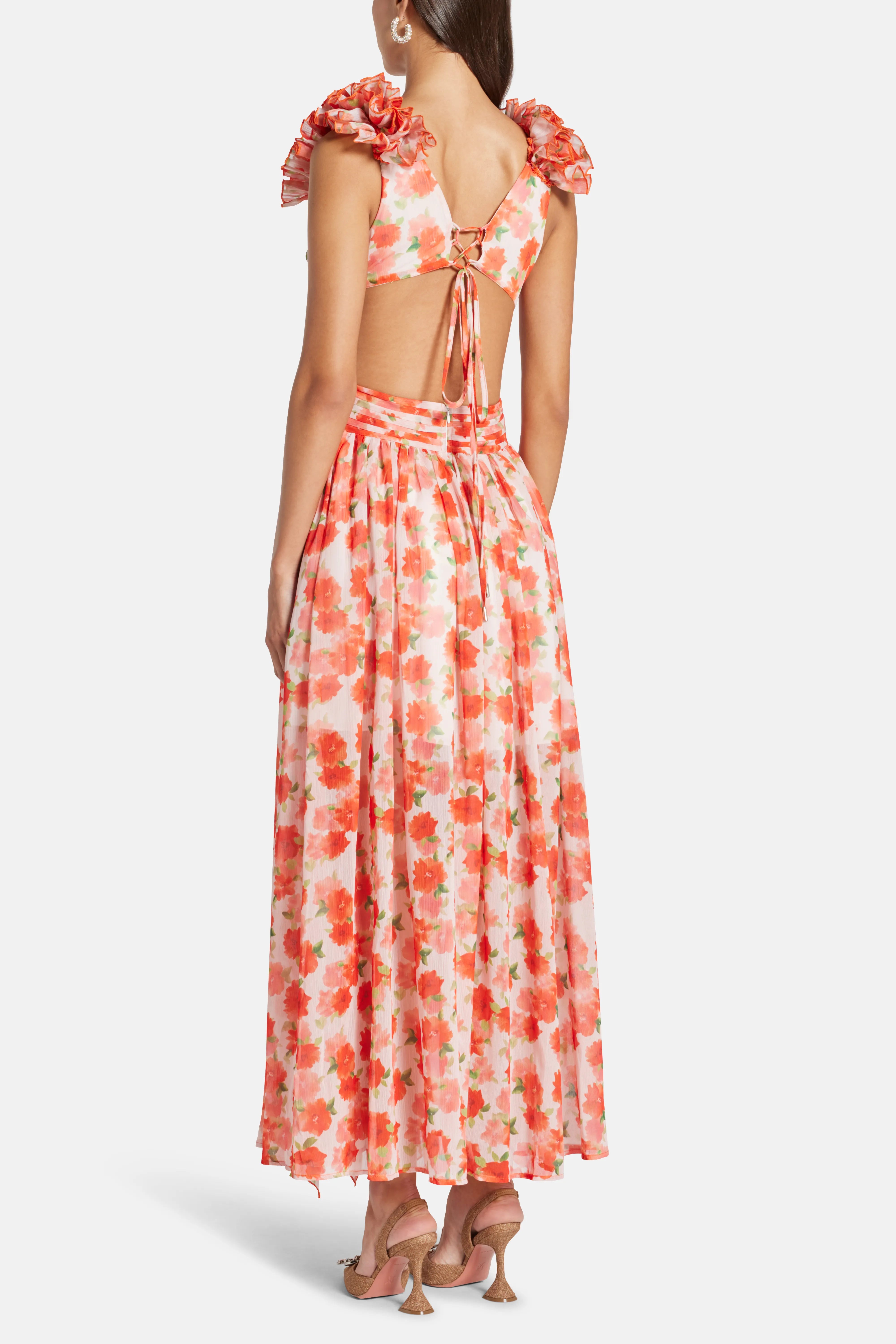 Cassini Flutter Sleeve Cut Out Ruffle Lace Back Maxi Dress in Orange