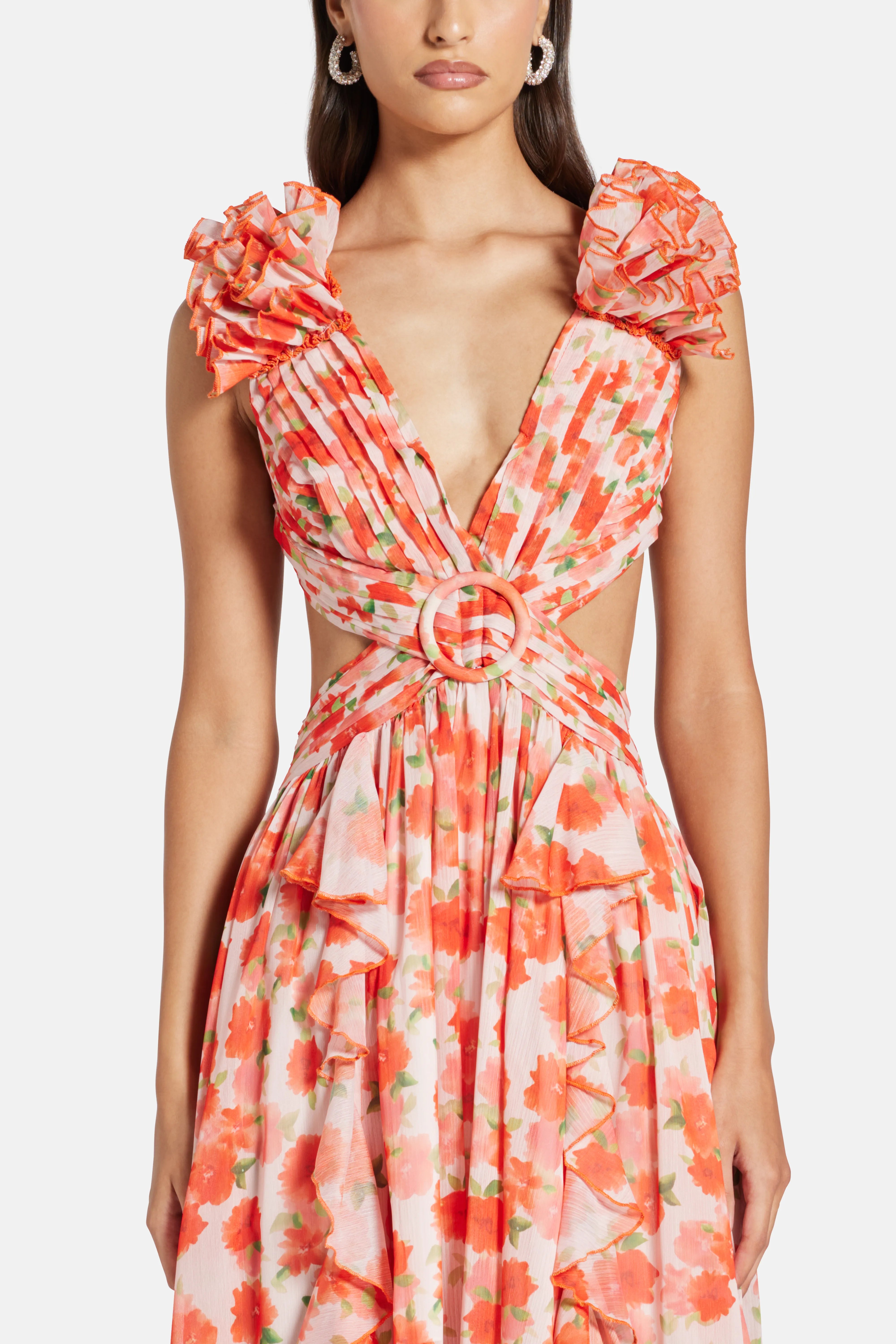 Cassini Flutter Sleeve Cut Out Ruffle Lace Back Maxi Dress in Orange