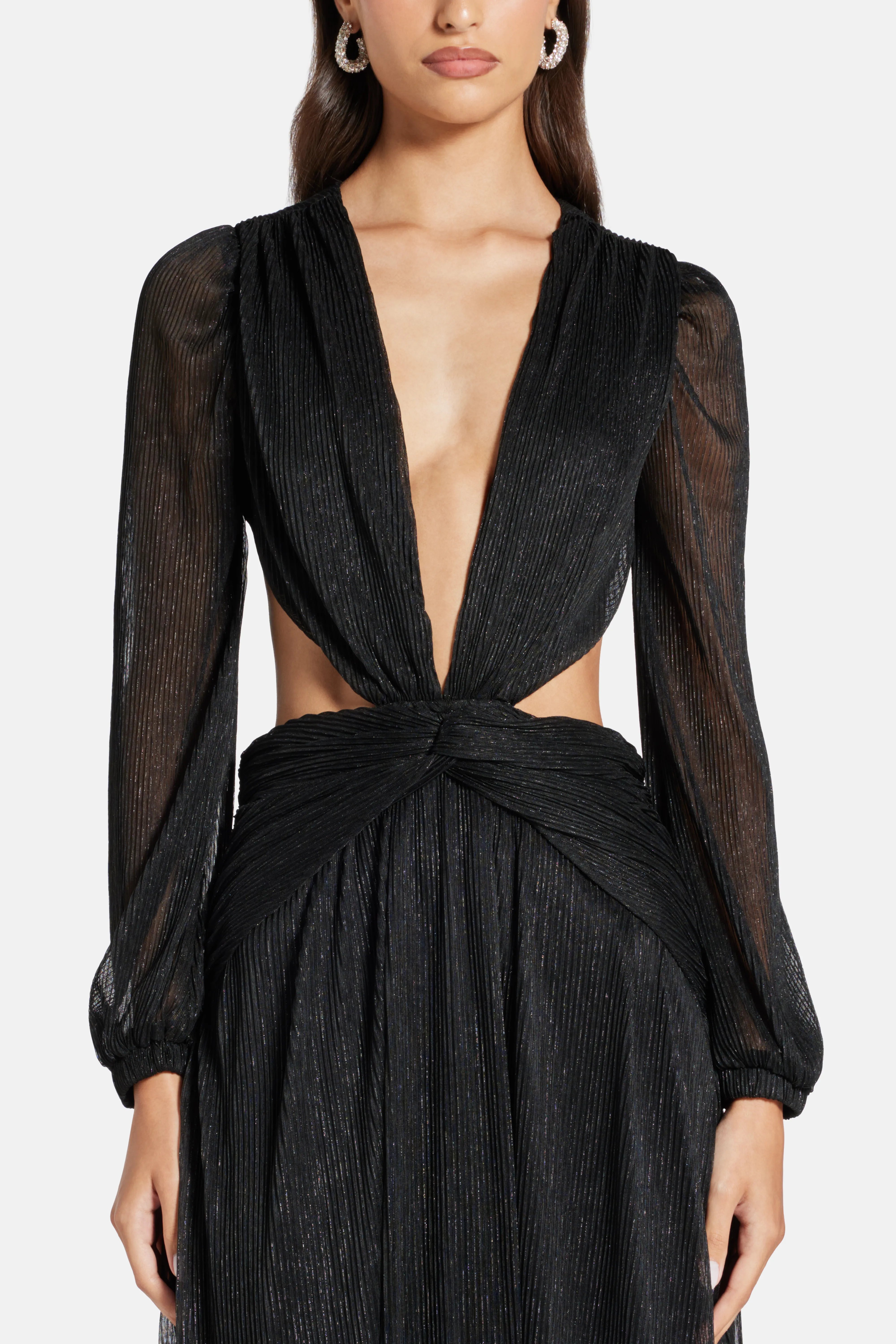 Goddess Low Neck Cut Out Maxi Dress in Black