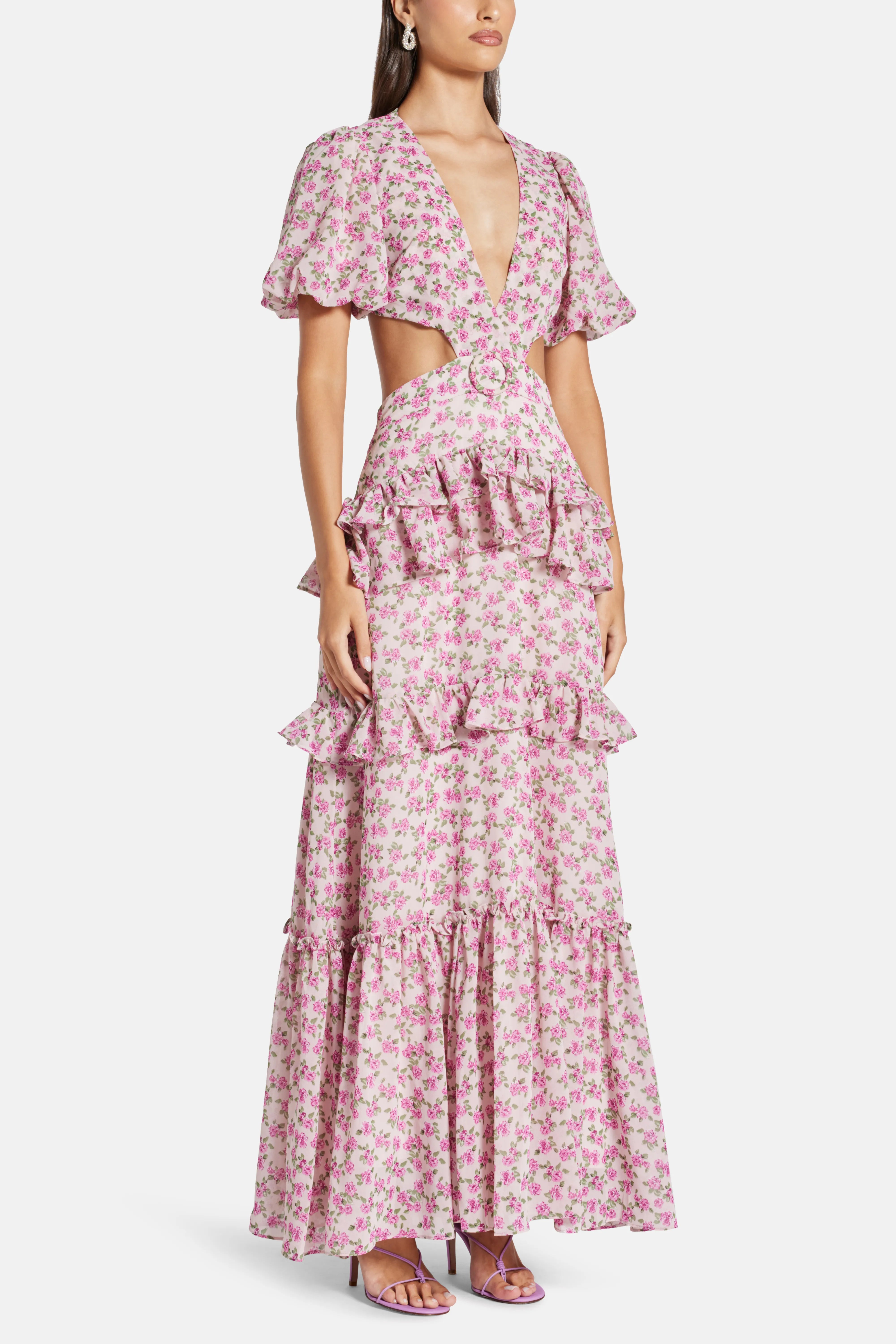Cassini Ruffle Tiered Cut Out Maxi Dress in Pink