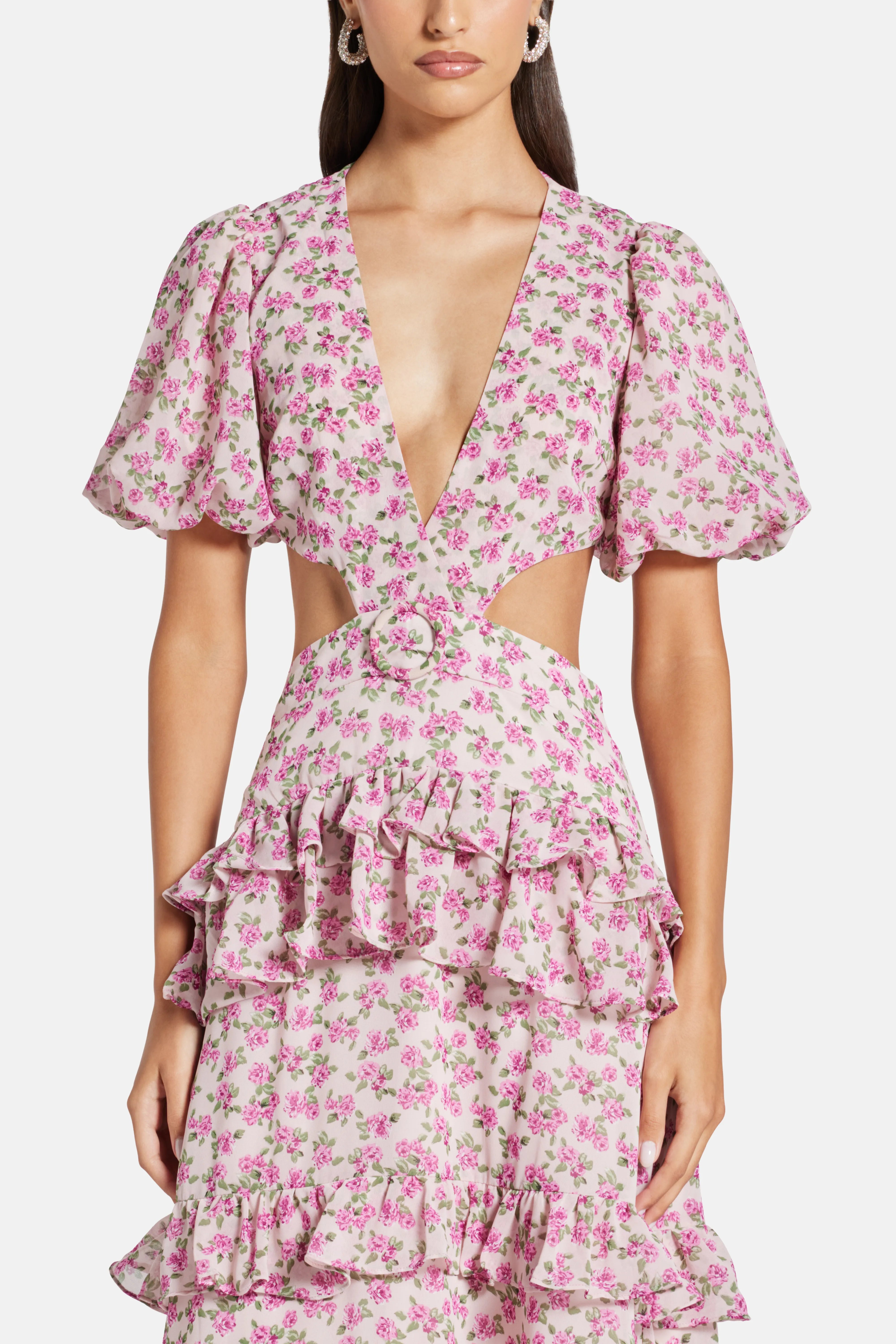 Cassini Ruffle Tiered Cut Out Maxi Dress in Pink