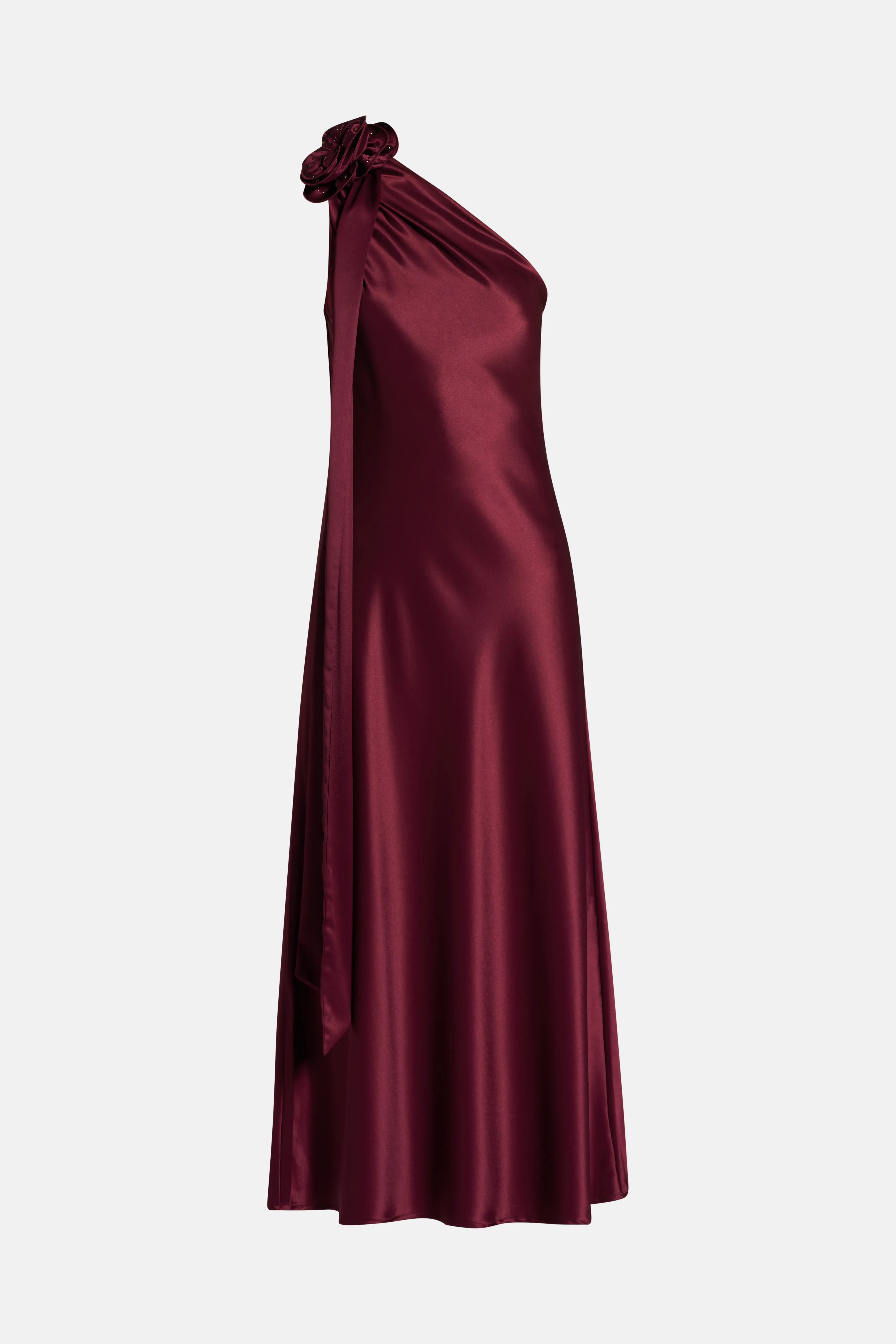 Portia Dress With Corsage One Shoulder Maxi Dress in Burgundy