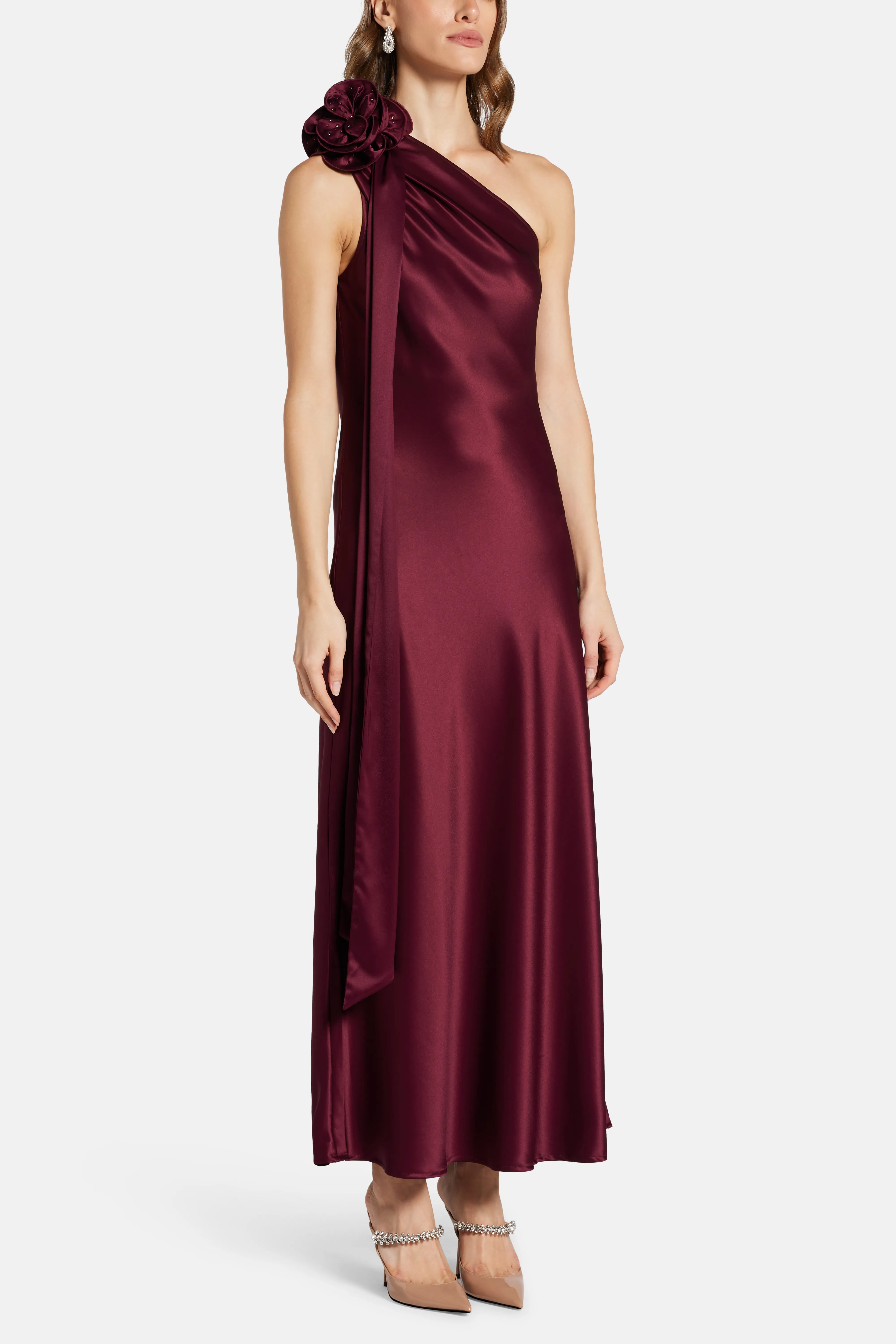 Portia Dress With Corsage One Shoulder Maxi Dress in Burgundy