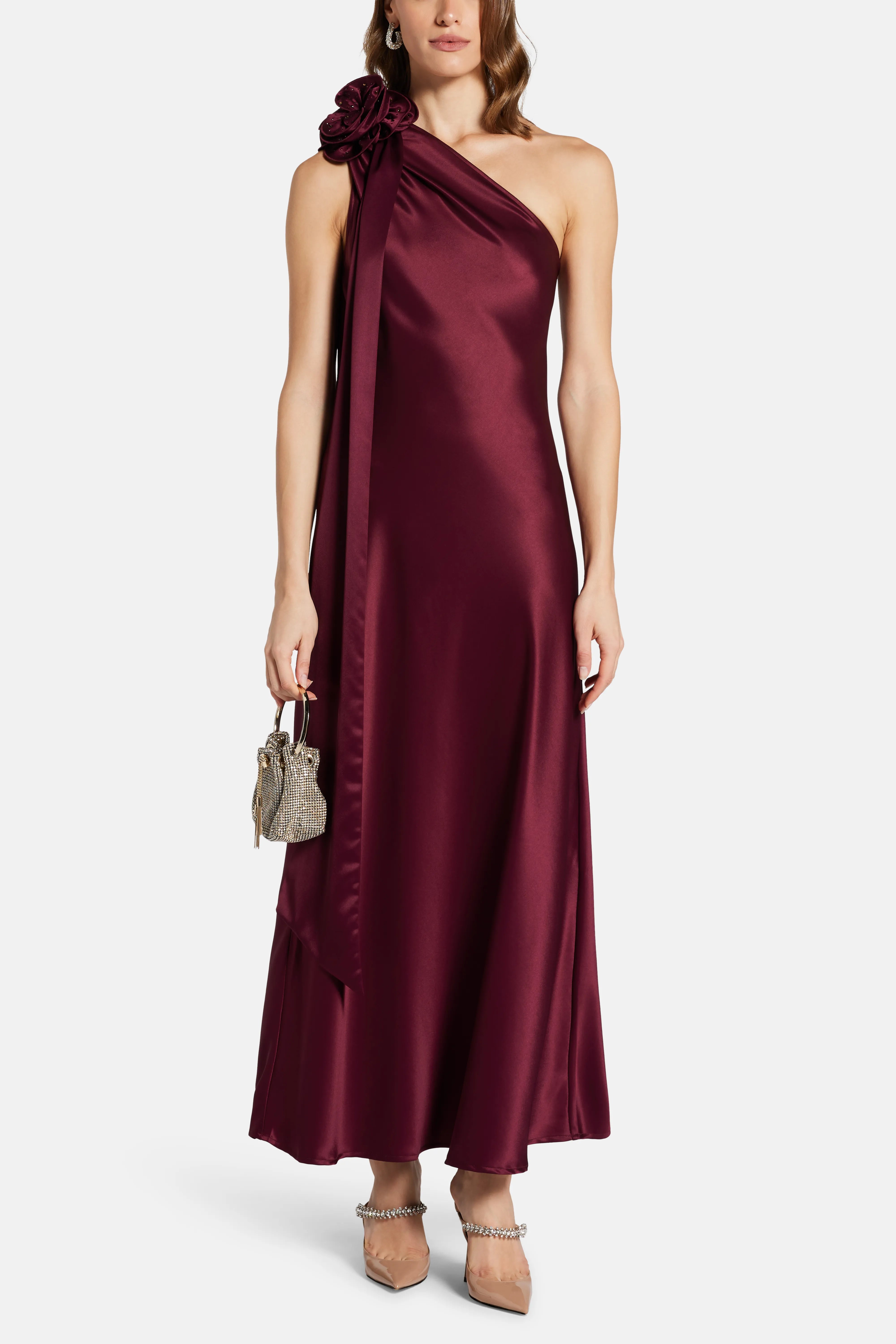 Portia Dress With Corsage One Shoulder Maxi Dress in Burgundy