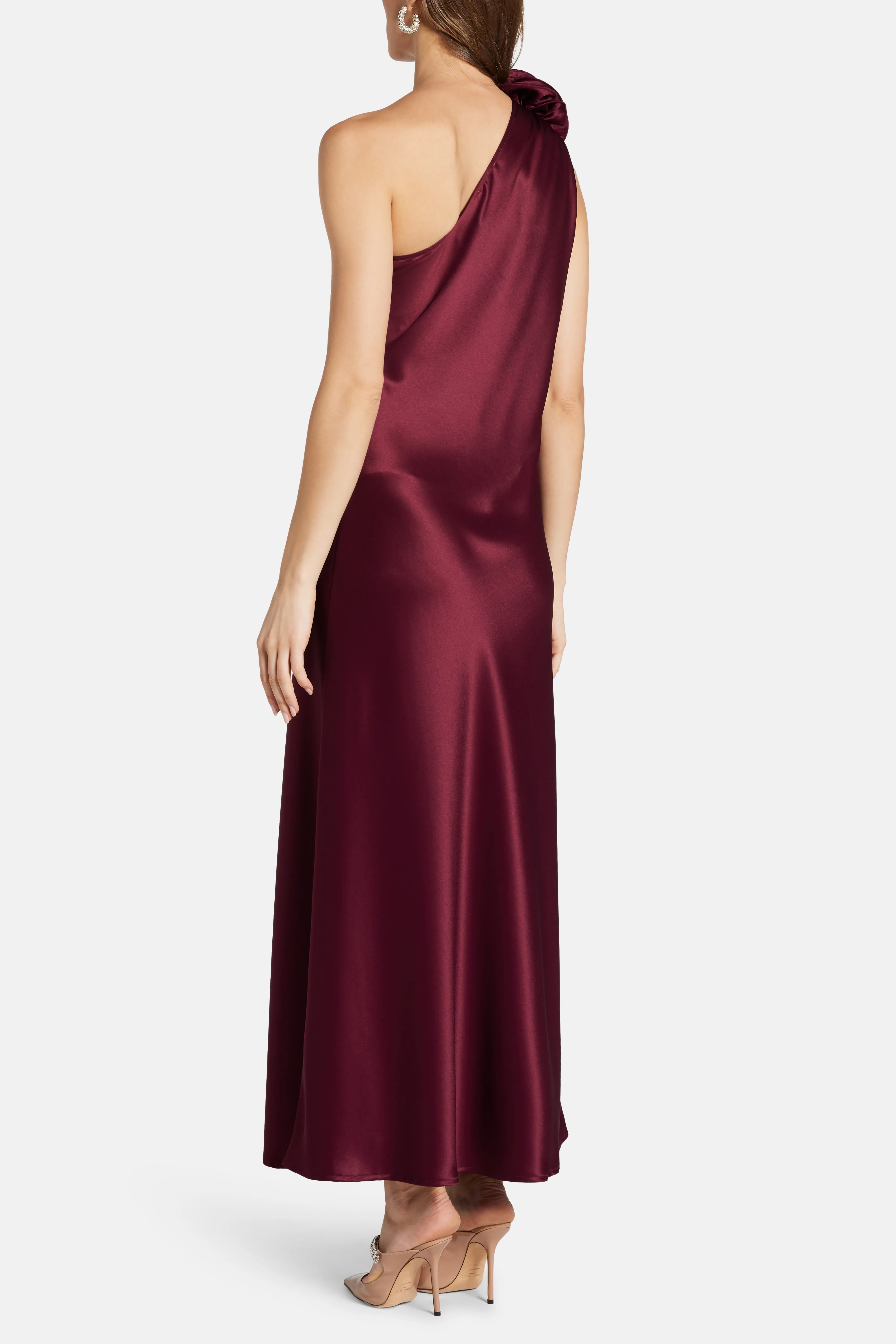 Portia Dress With Corsage One Shoulder Maxi Dress in Burgundy