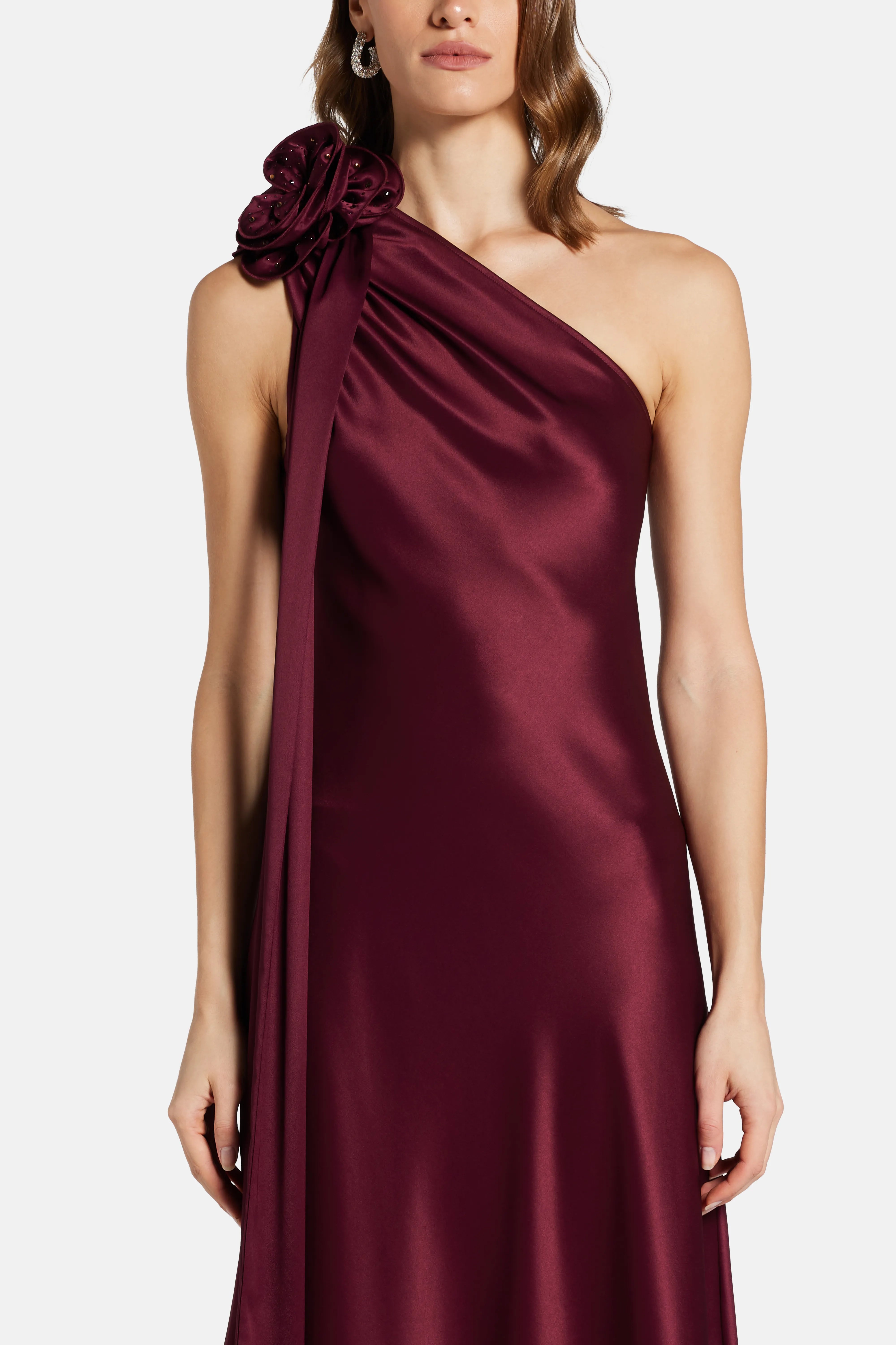 Portia Dress With Corsage One Shoulder Maxi Dress in Burgundy