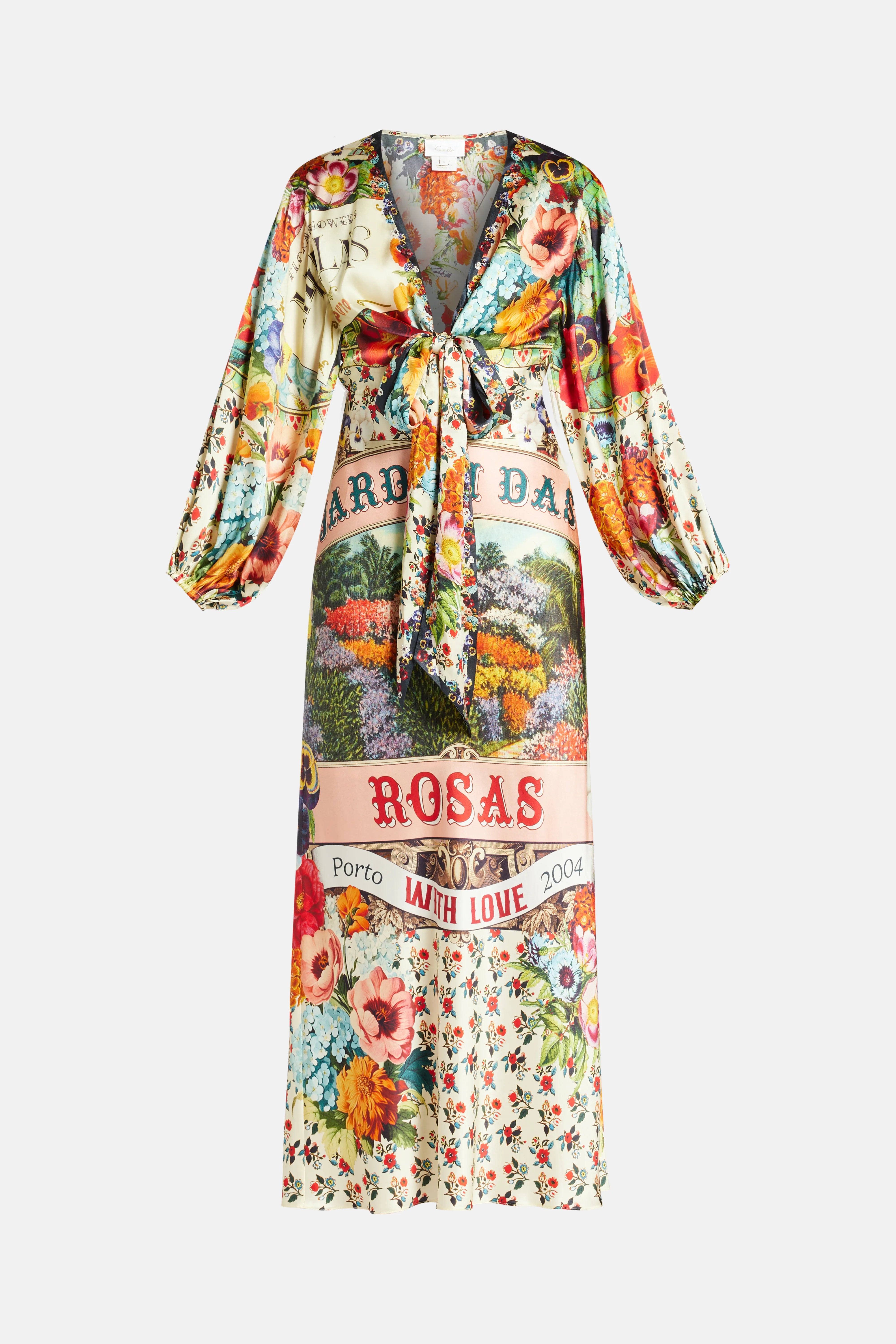 Floral Balloon Sleeves Silk Maxi Dress in Red