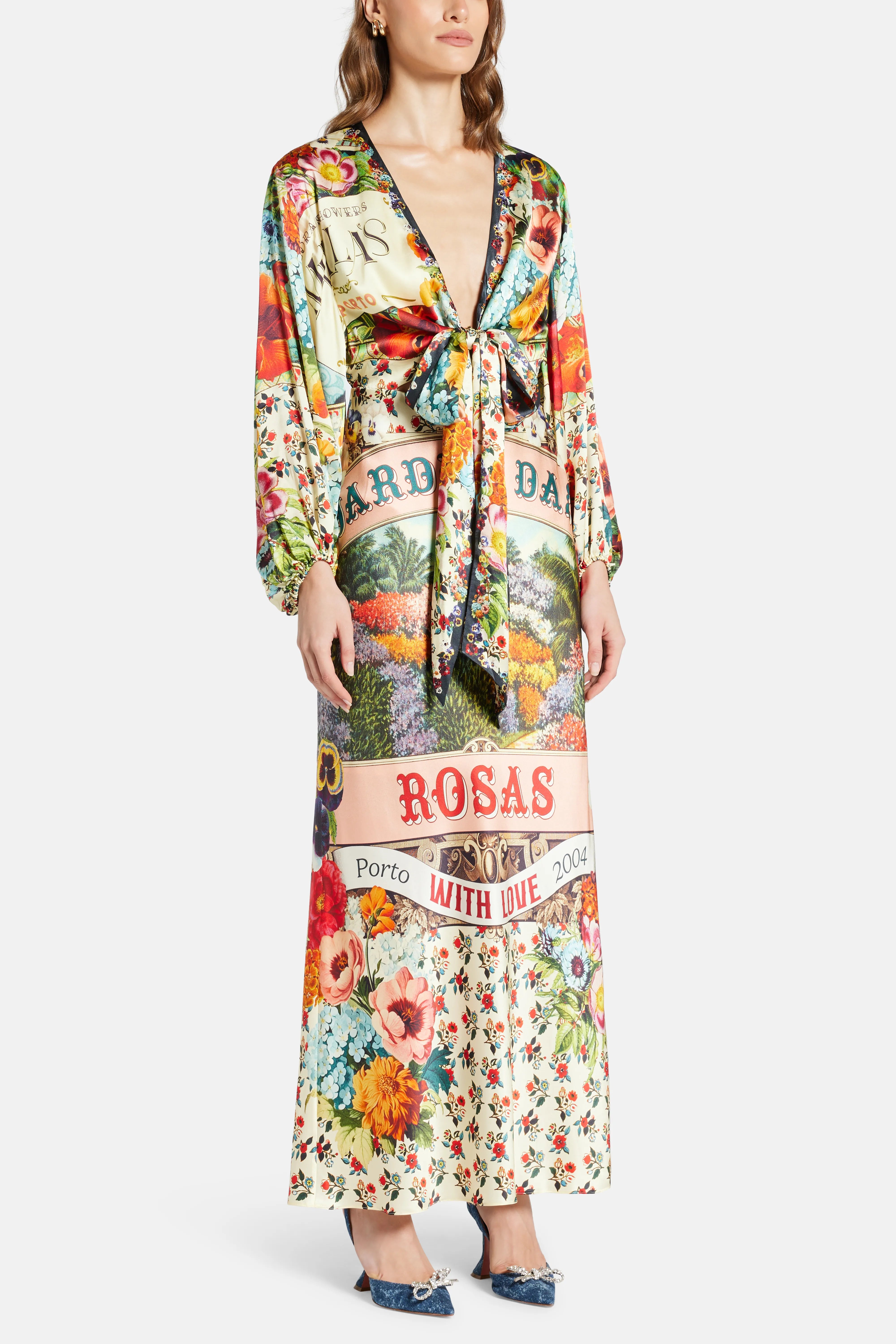 Floral Balloon Sleeves Silk Maxi Dress in Red