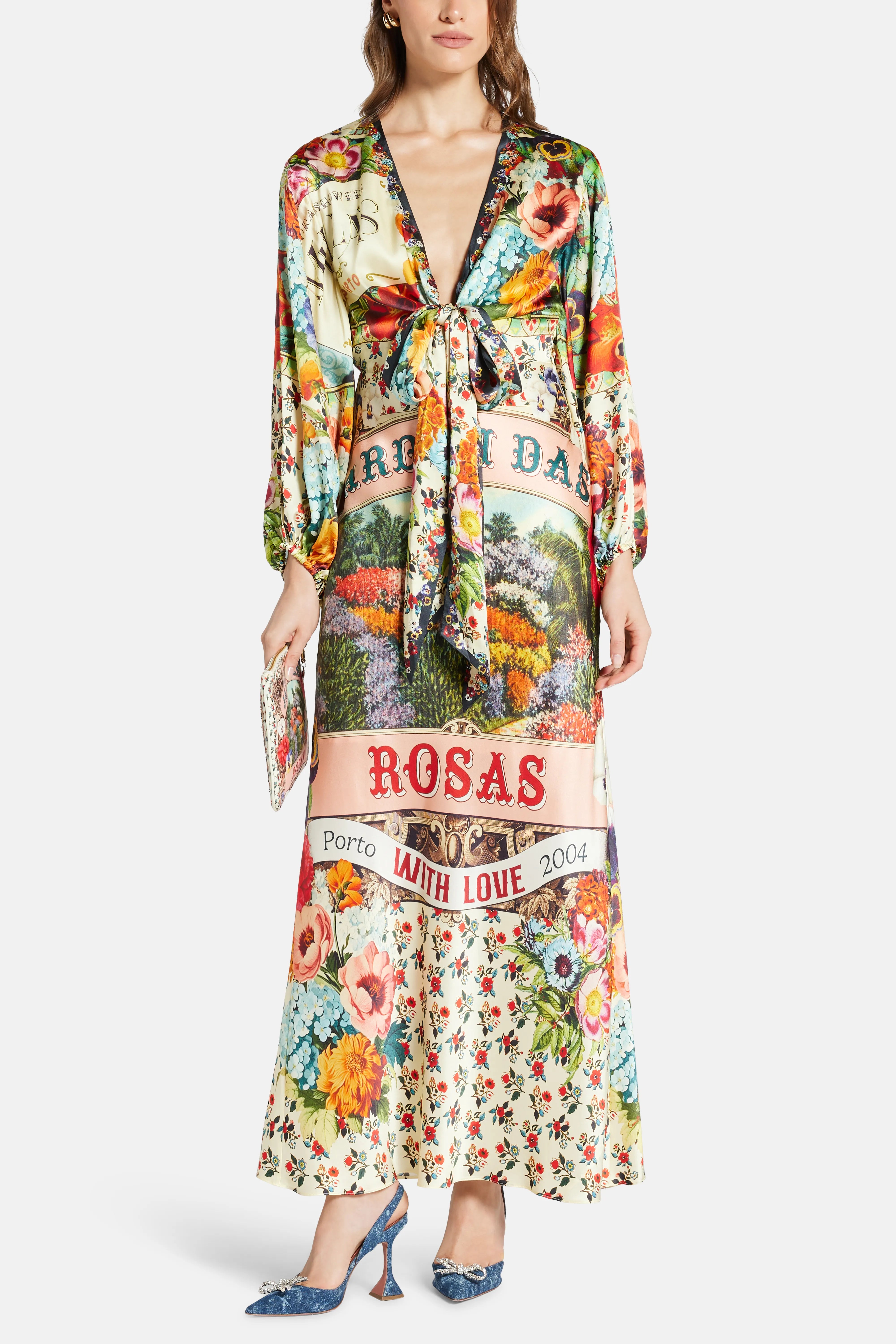 Floral Balloon Sleeves Silk Maxi Dress in Red