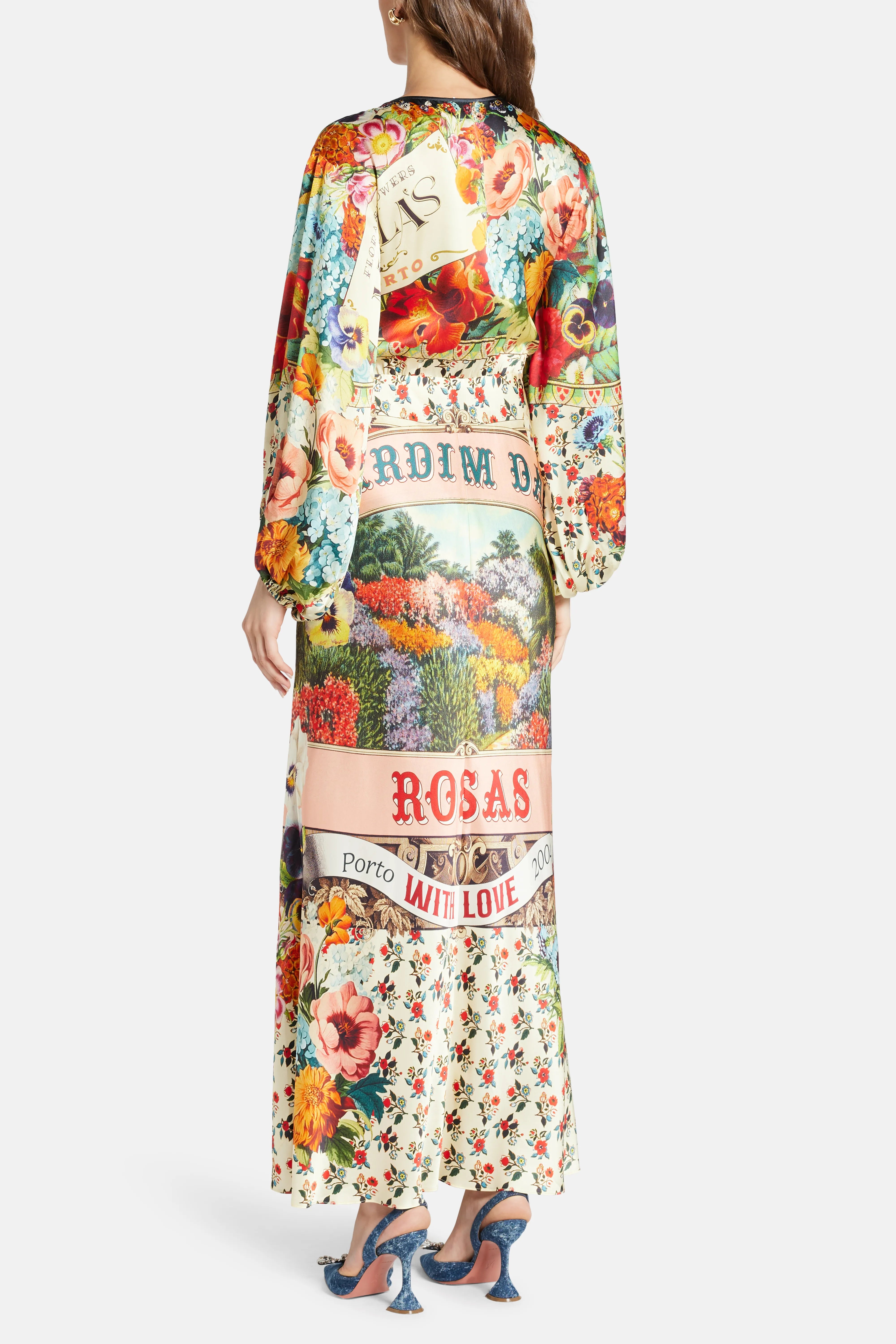 Floral Balloon Sleeves Silk Maxi Dress in Red