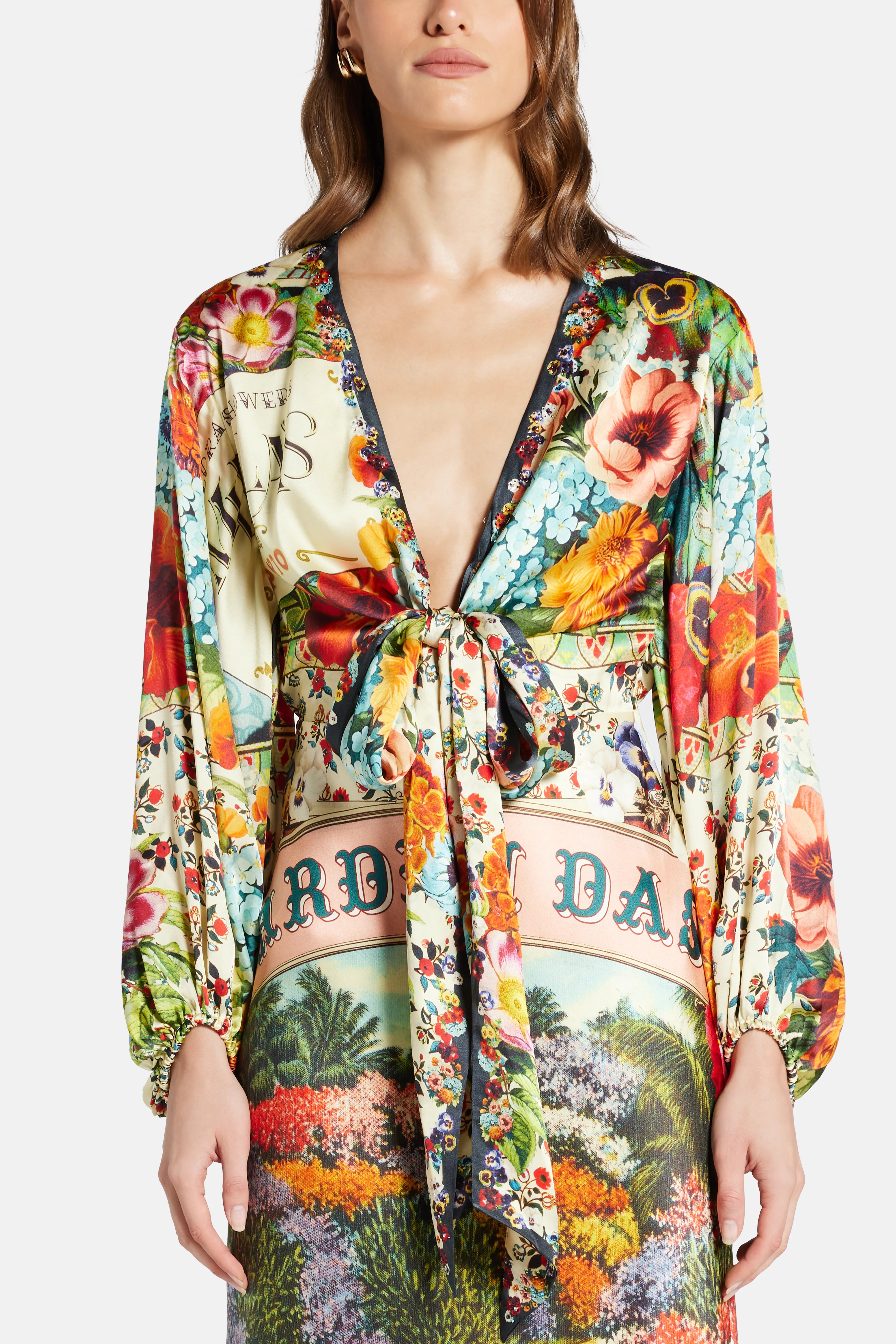 Floral Balloon Sleeves Silk Maxi Dress in Red