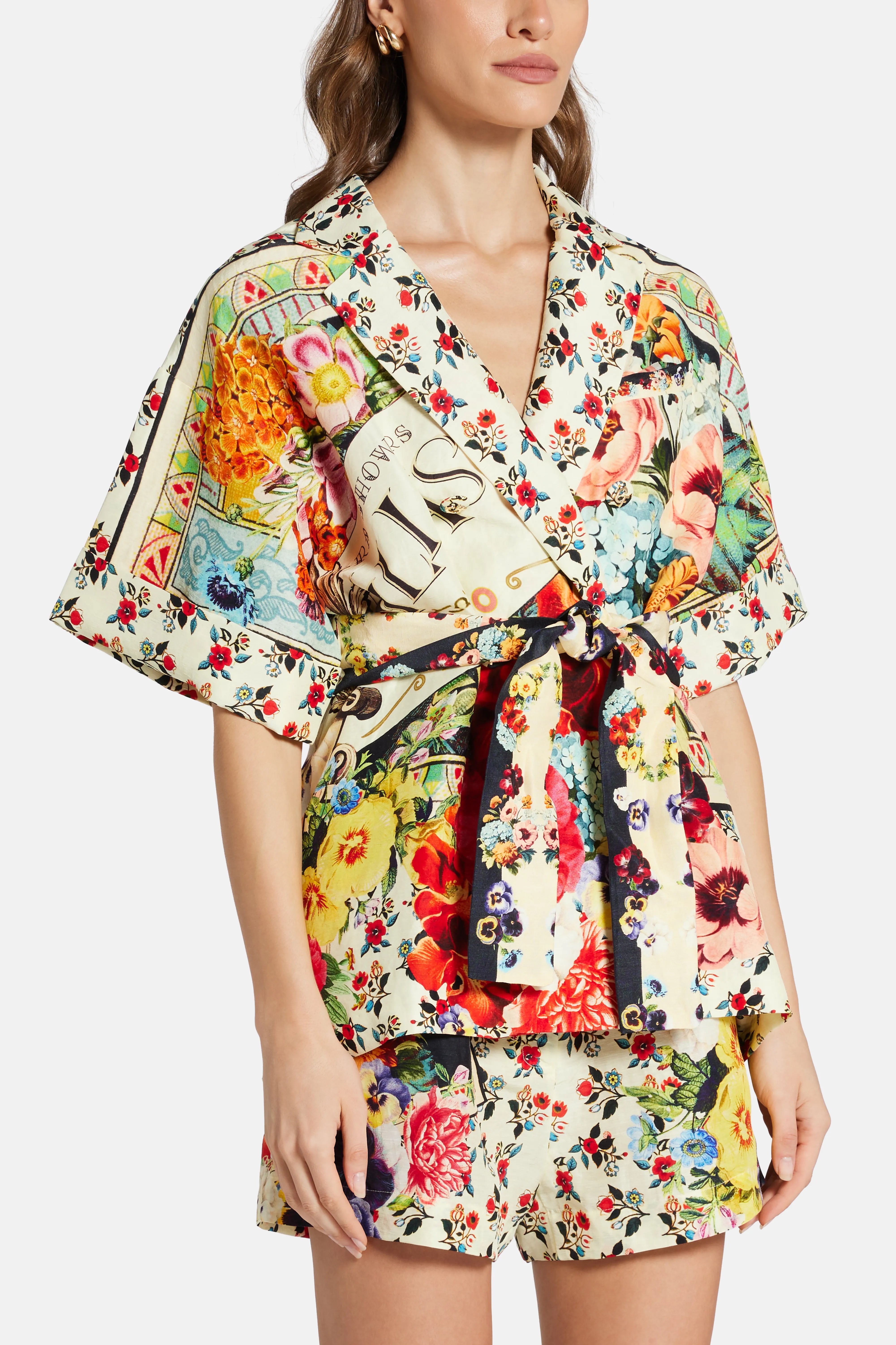 Floral Double Breasted Short Sleeves Linen And Silk Jacket in Red