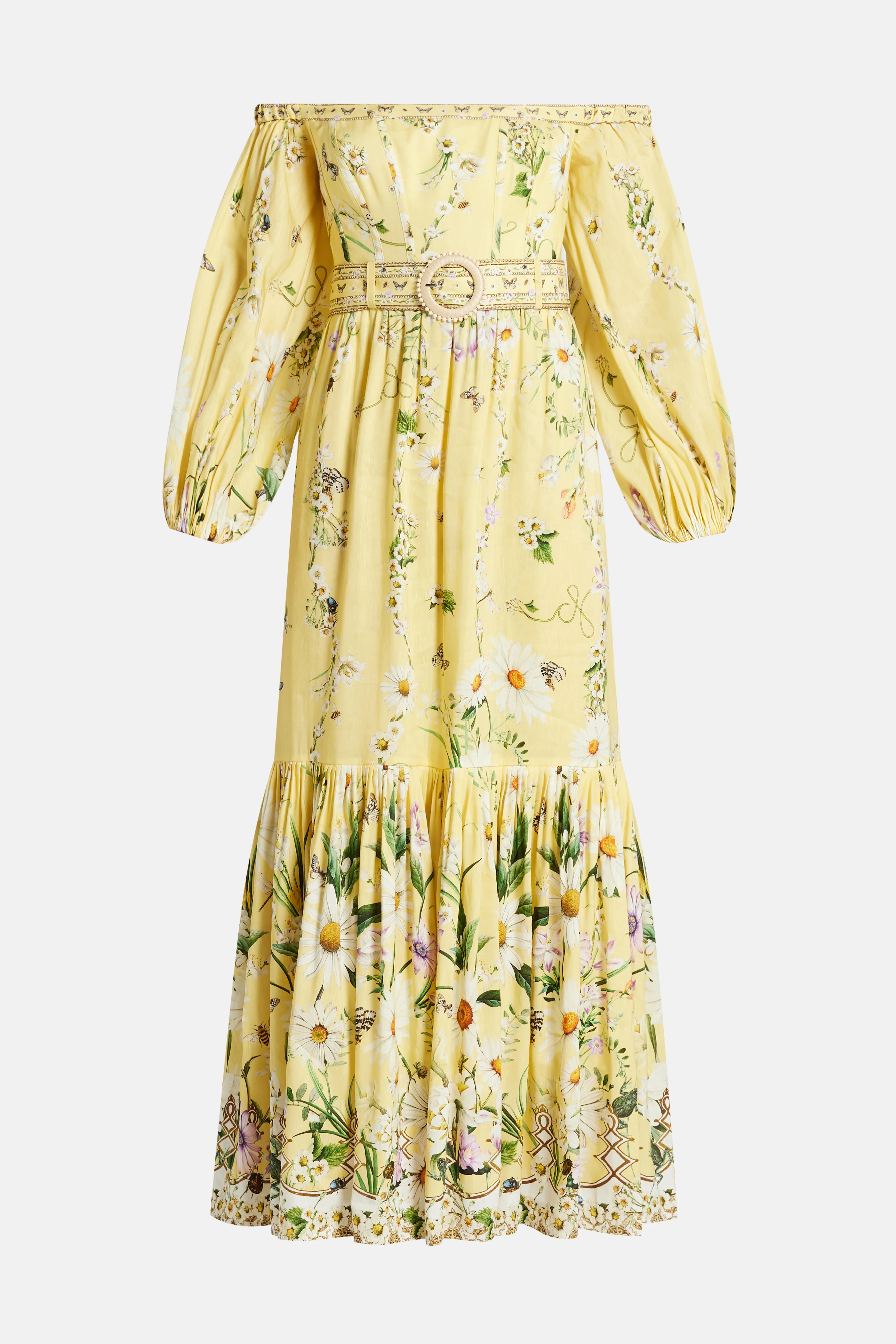 Floral Puff Sleeves Corset Linen And Silk Maxi Dress in Yellow