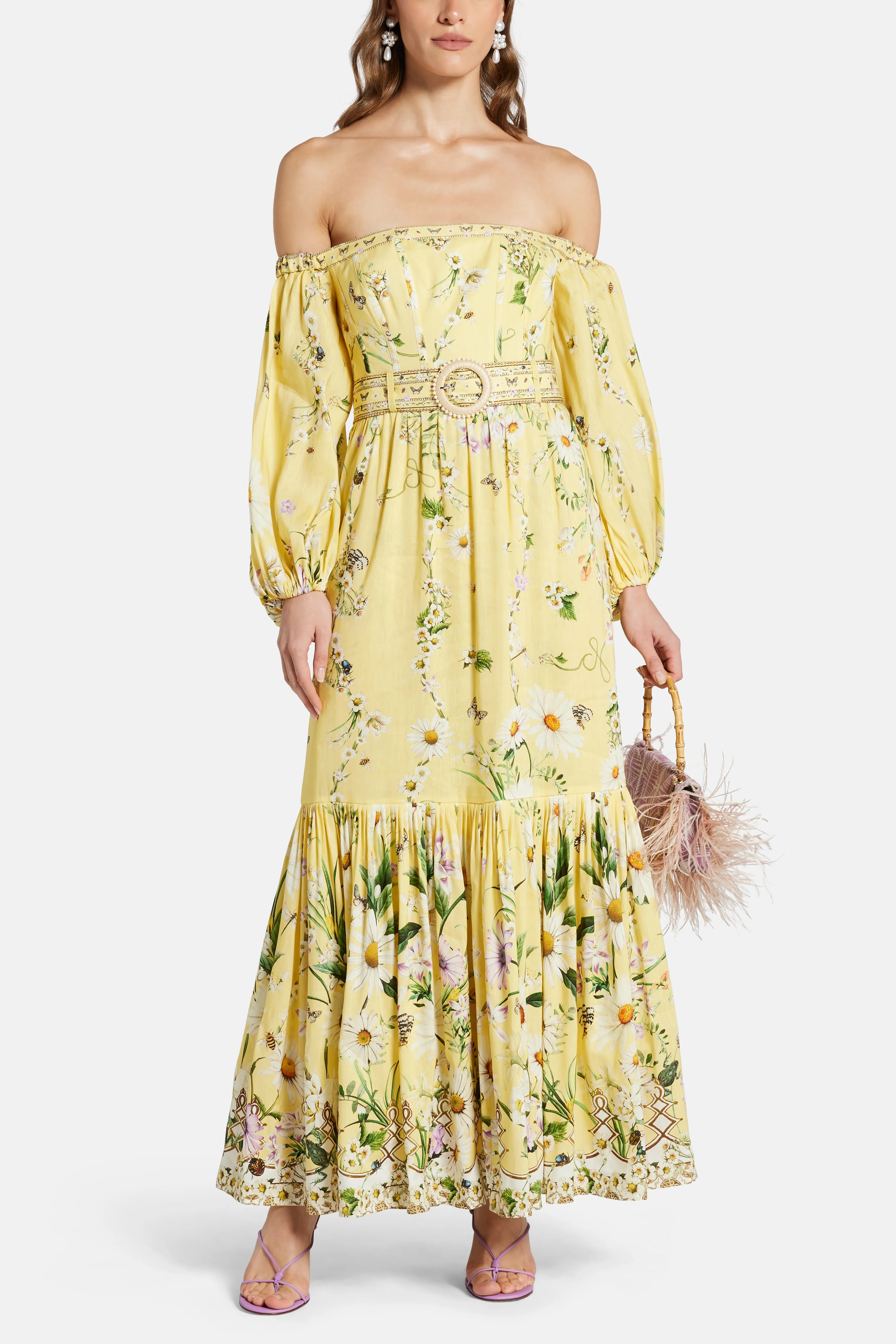 Floral Puff Sleeves Corset Linen And Silk Maxi Dress in Yellow