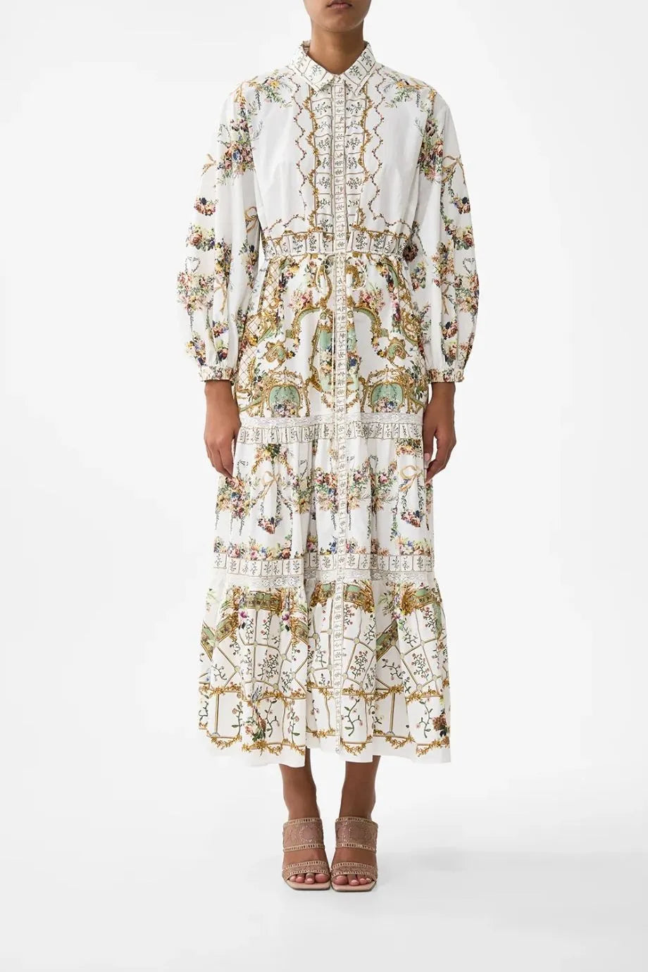 Dressing Room Drama Floral Tiered Long Sleeves Cotton Shirt Maxi Dress in White