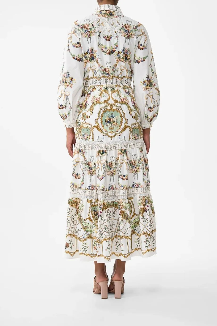 Dressing Room Drama Floral Tiered Long Sleeves Cotton Shirt Maxi Dress in White