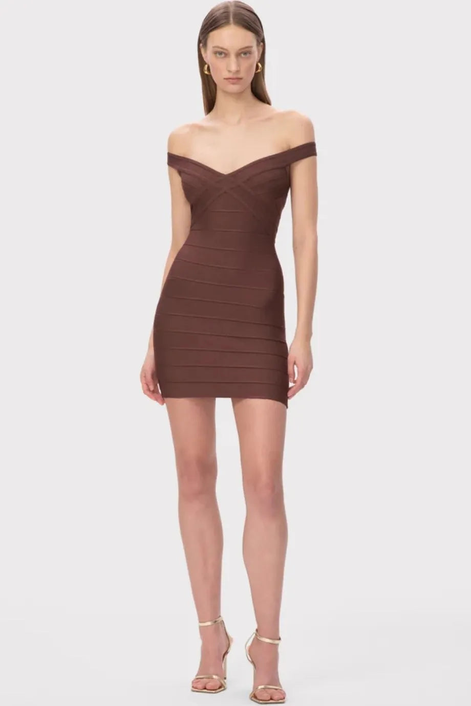 Rachel Off Shoulder Bandage Knit Mini Dress in Brown
