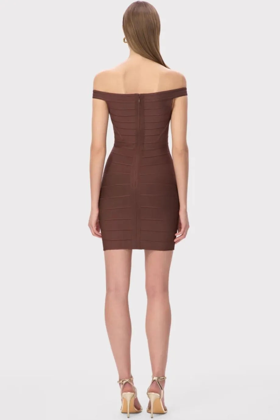 Rachel Off Shoulder Bandage Knit Mini Dress in Brown