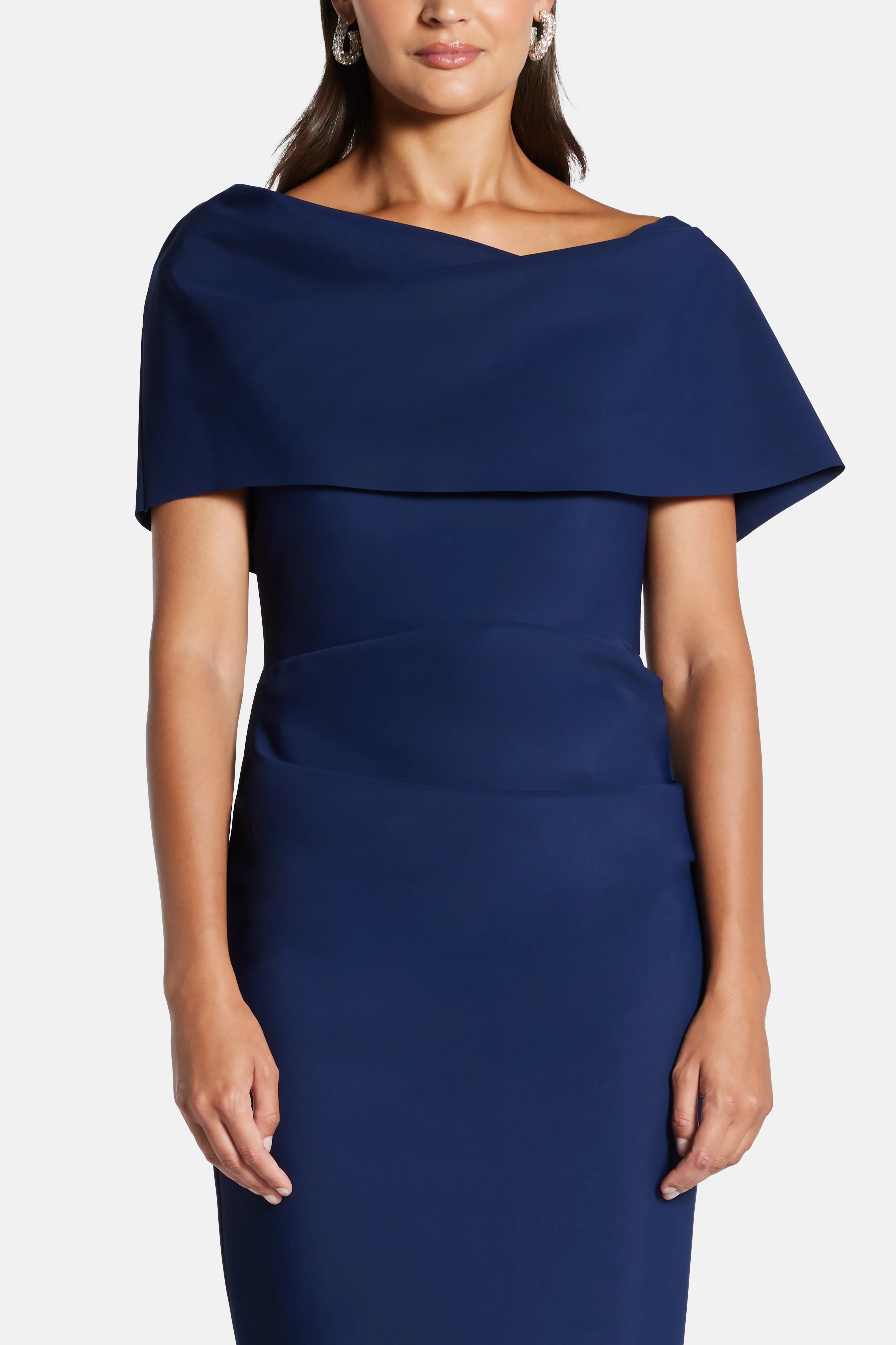 Across The Shoulder Evening Gown With Train in Blue